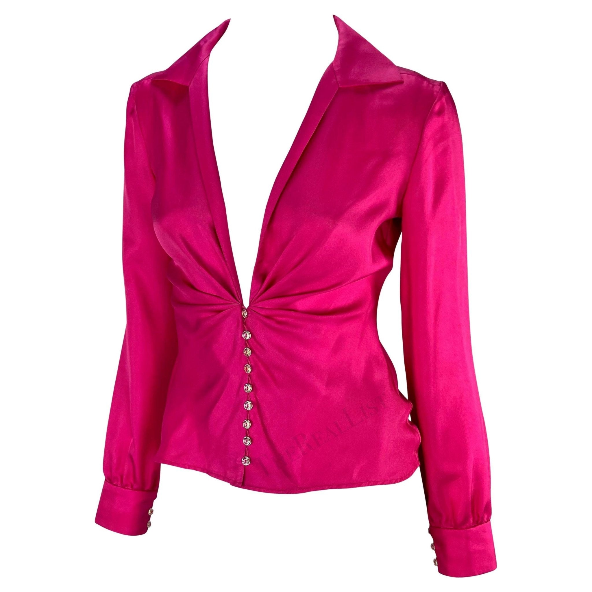 S/S 2000 Gianni Versace by Donatella Runway Hot Pink Silk Satin Rhinestone Blouse - RealList