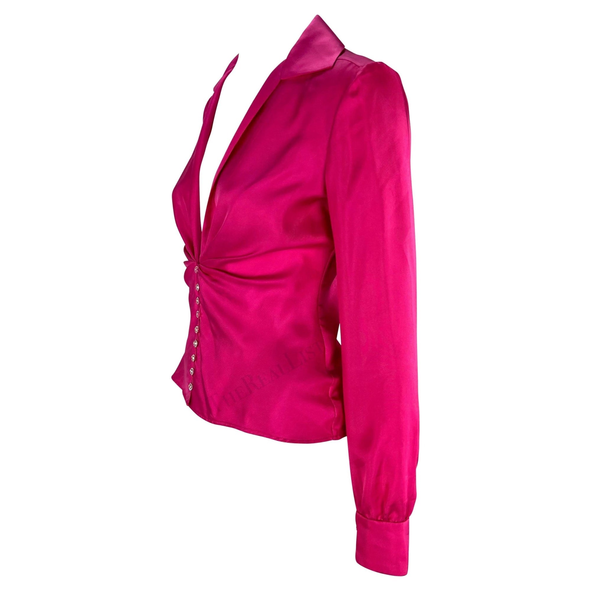 S/S 2000 Gianni Versace by Donatella Runway Hot Pink Silk Satin Rhinestone Blouse - RealList