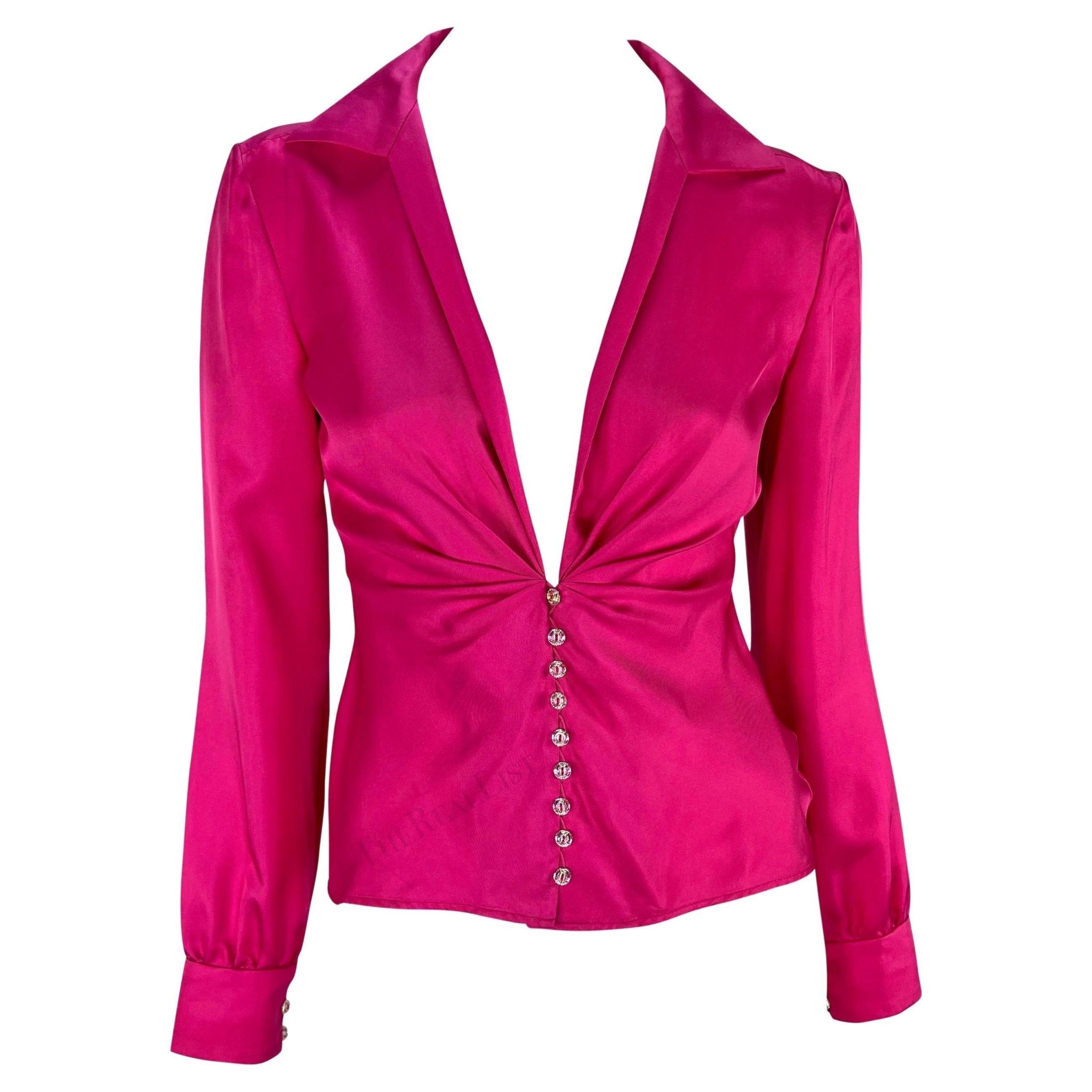 S/S 2000 Gianni Versace by Donatella Runway Hot Pink Silk Satin Rhinestone Blouse - RealList