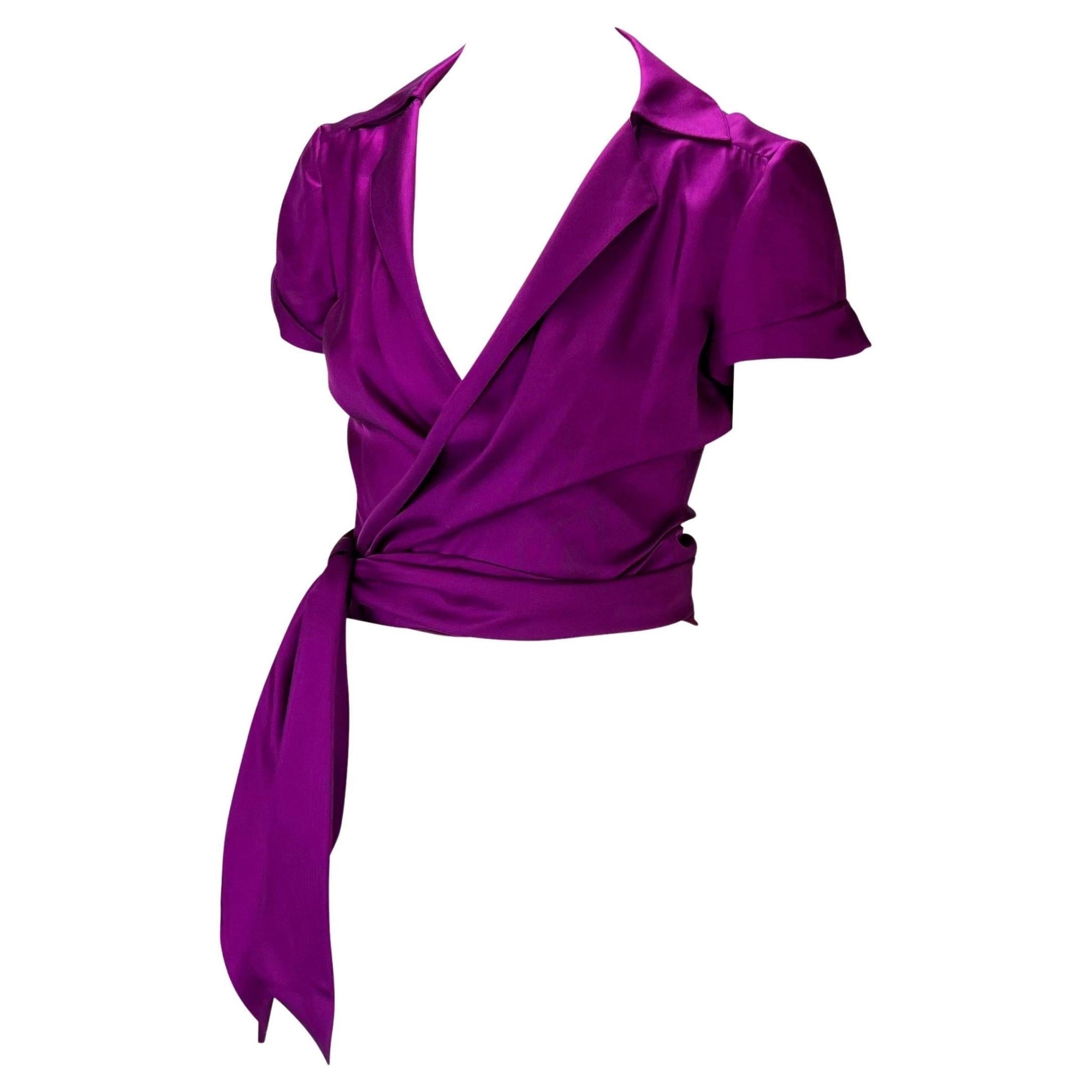 S/S 2000 Gianni Versace by Donatella Runway Purple Silk Plunge Wrap Shirt - RealList