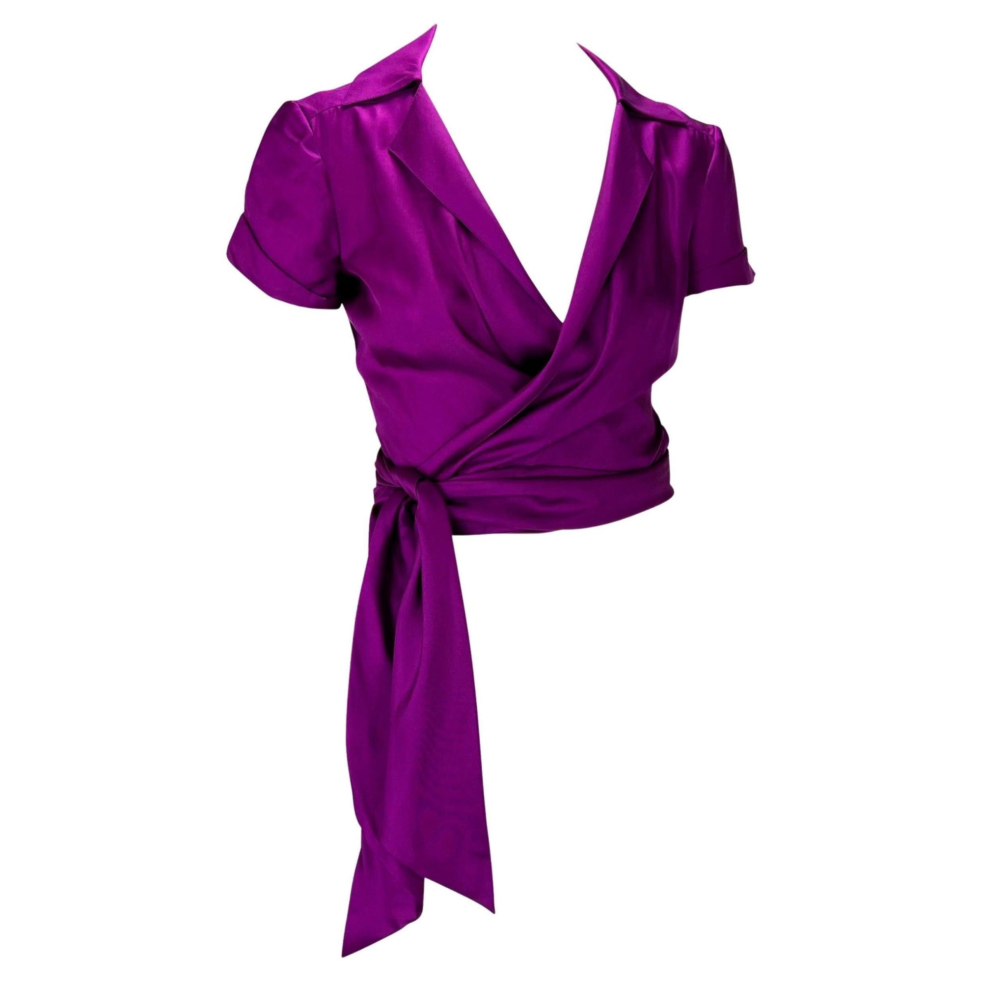 S/S 2000 Gianni Versace by Donatella Runway Purple Silk Plunge Wrap Shirt - RealList