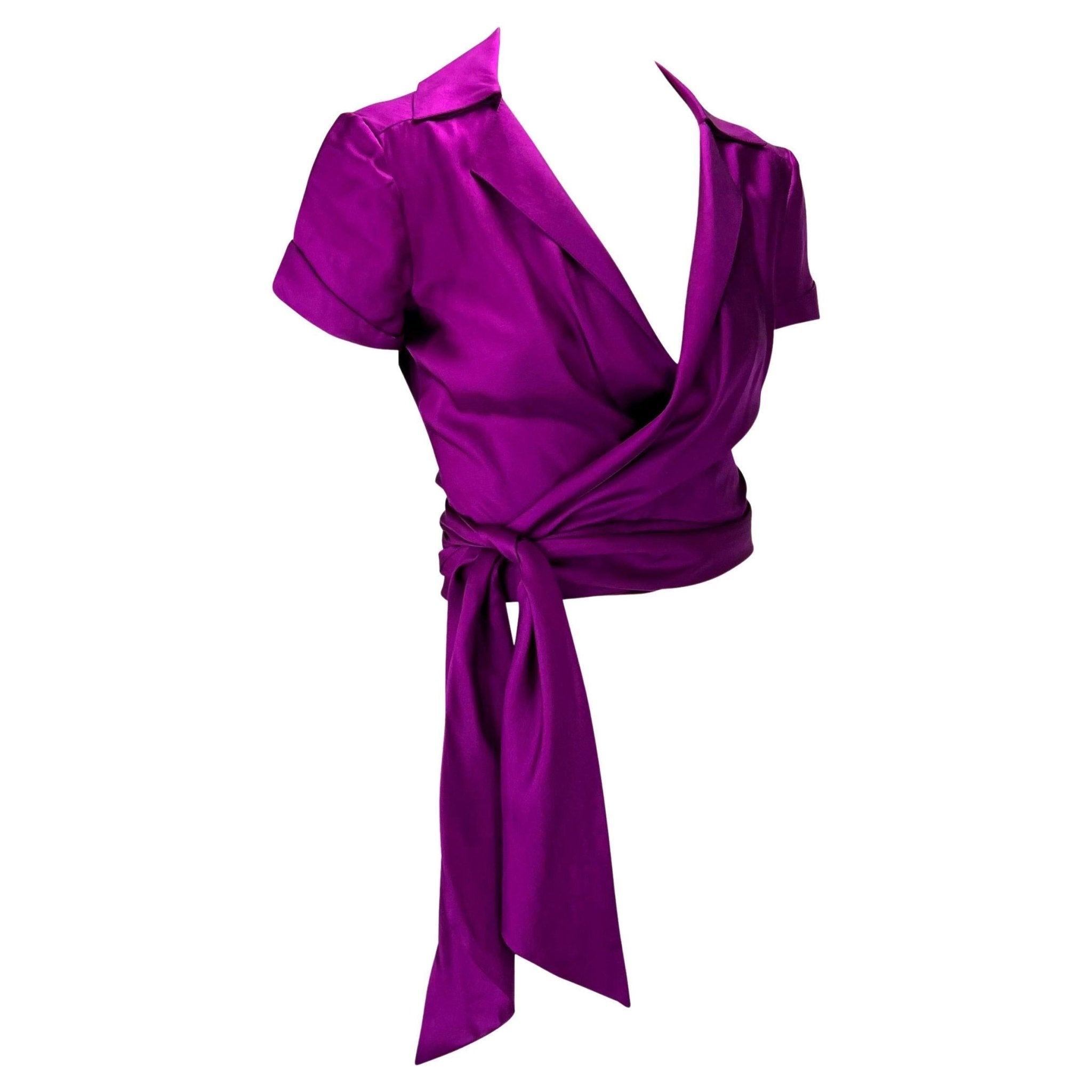 S/S 2000 Gianni Versace by Donatella Runway Purple Silk Plunge Wrap Shirt - RealList