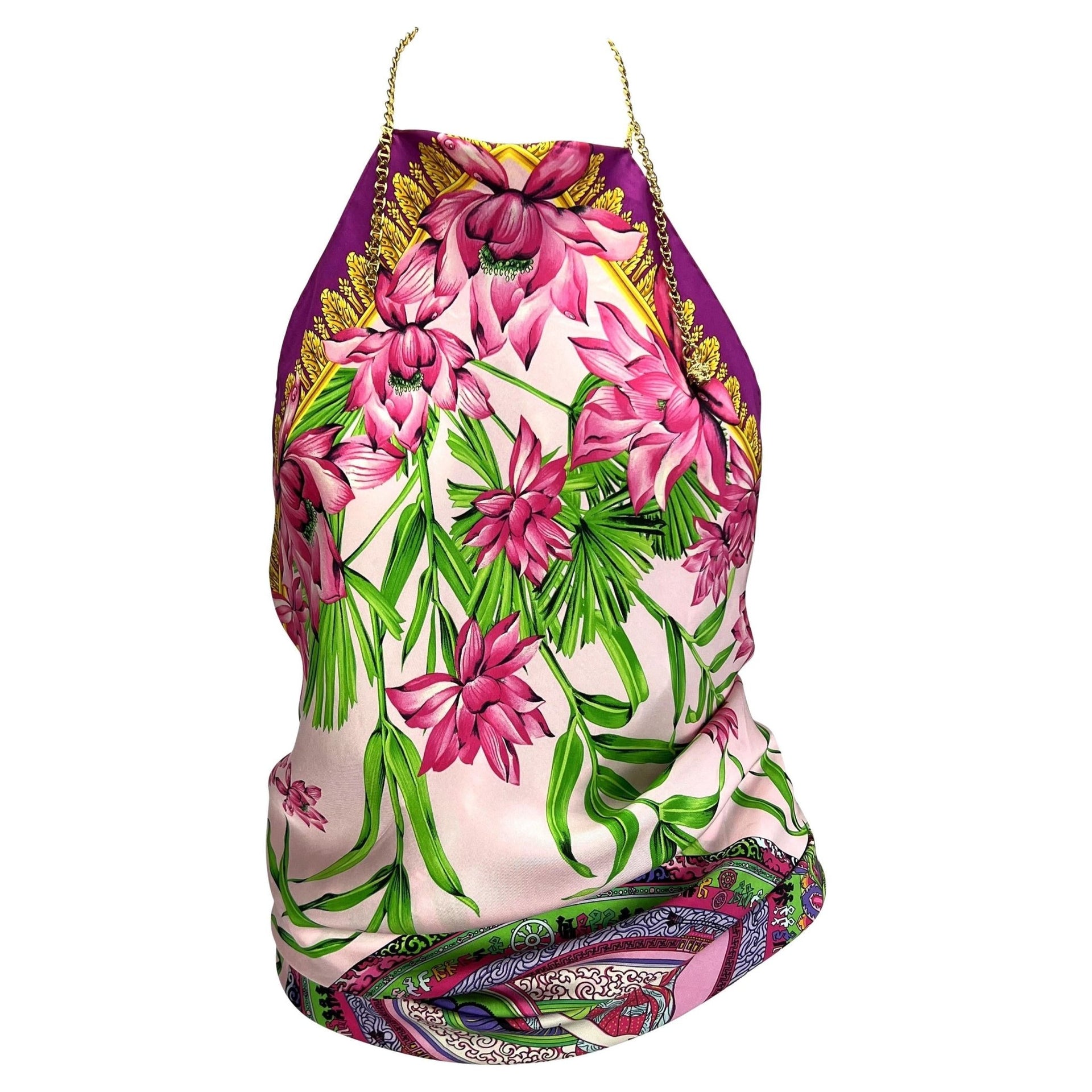 S/S 2000 Gianni Versace by Donatella Silk Bamboo Print Scarf Chain Medusa Blouse - RealList