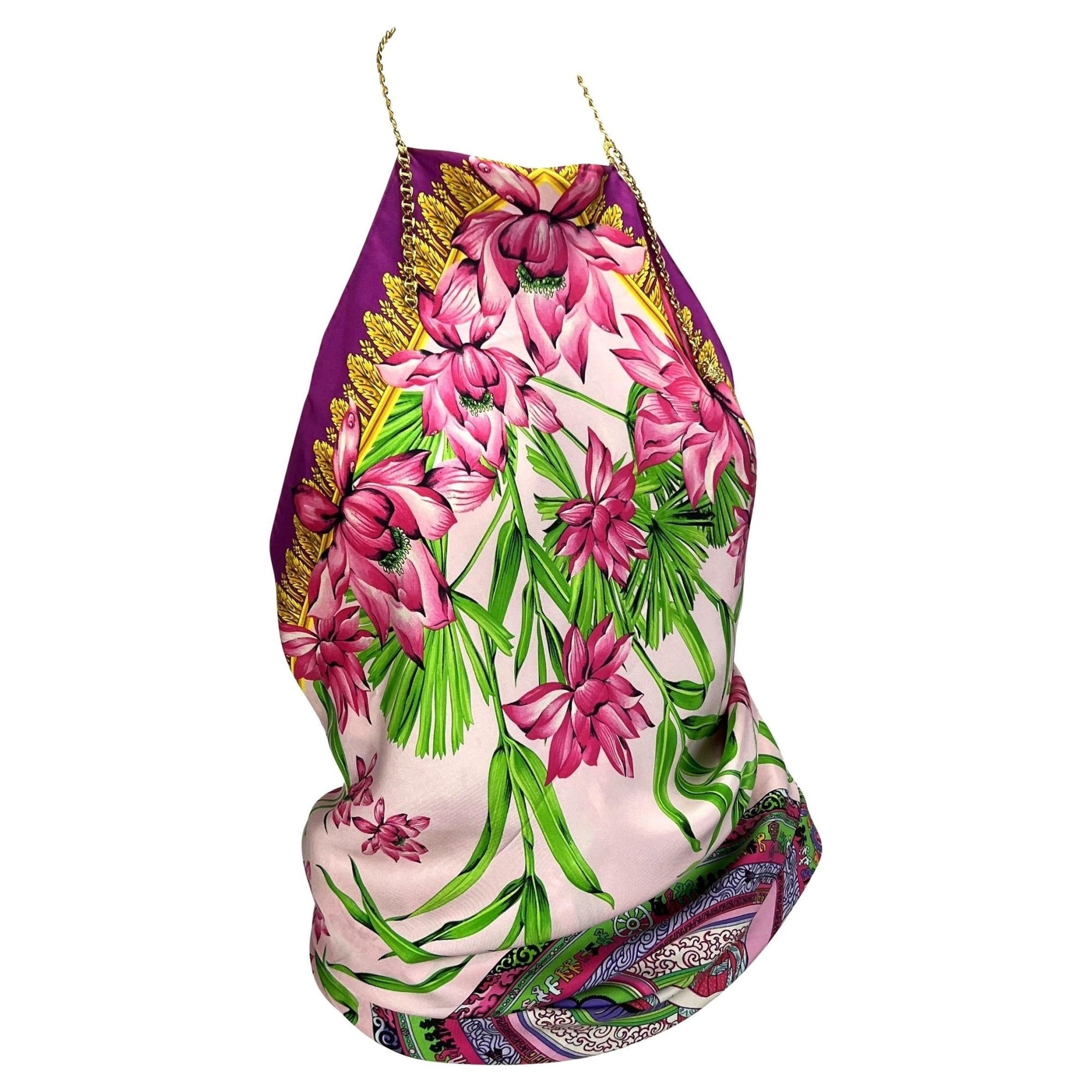 S/S 2000 Gianni Versace by Donatella Silk Bamboo Print Scarf Chain Medusa Blouse - RealList