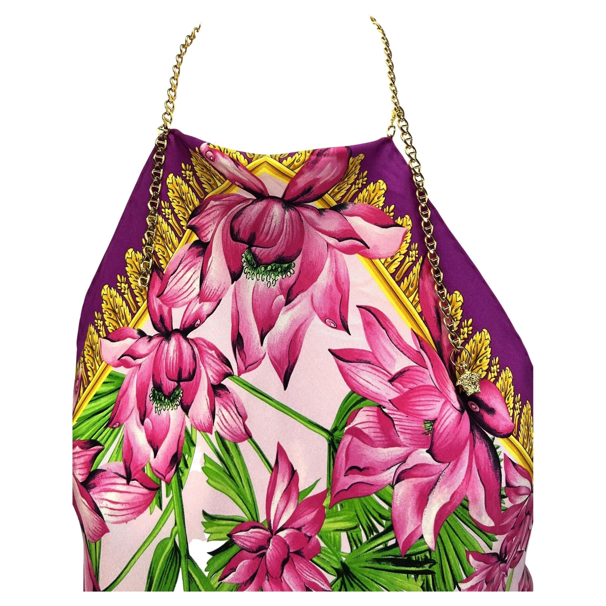 S/S 2000 Gianni Versace by Donatella Silk Bamboo Print Scarf Chain Medusa Blouse - RealList