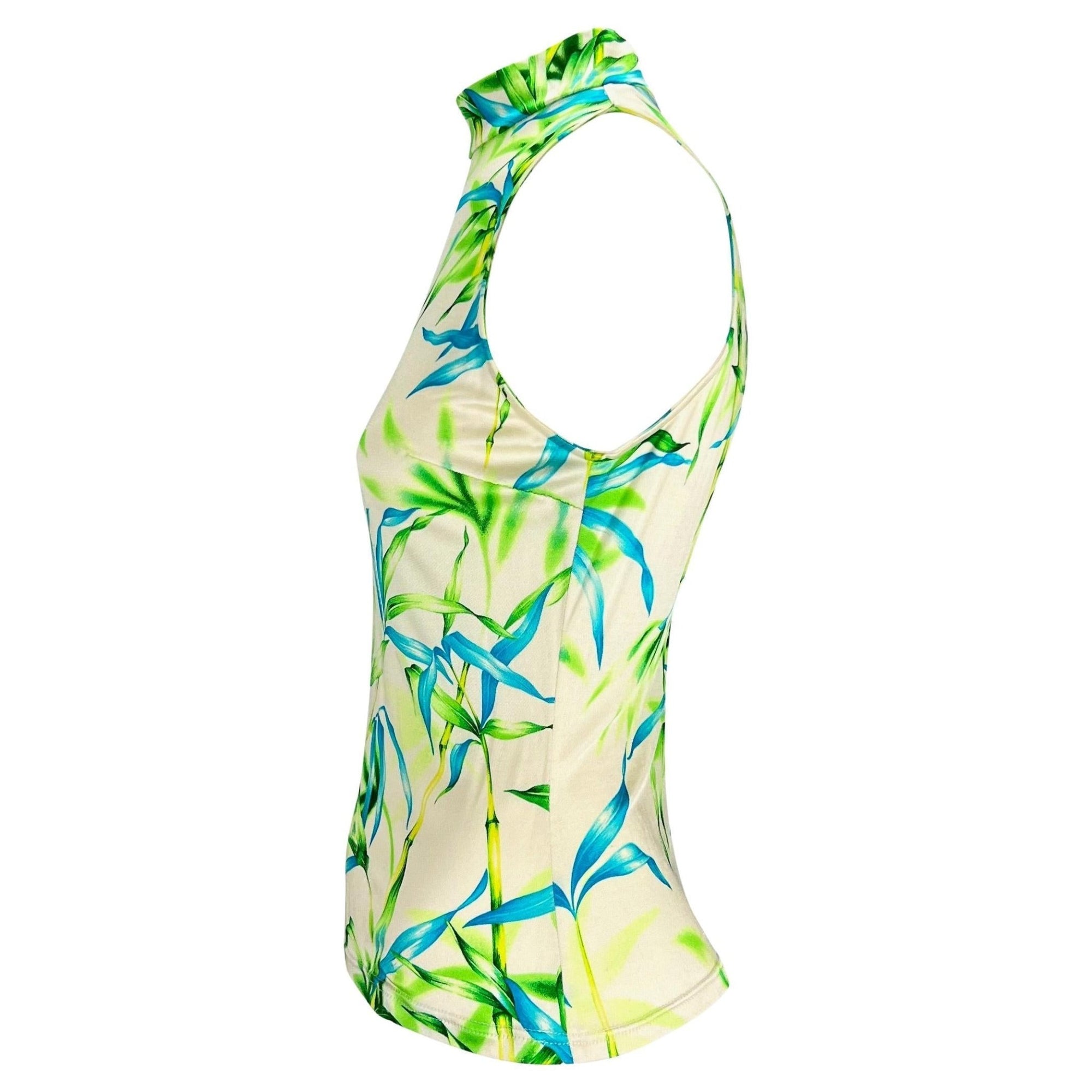 S/S 2000 Gianni Versace by Donatella White Bamboo Print Sleeveless Mock Neck Shirt - RealList