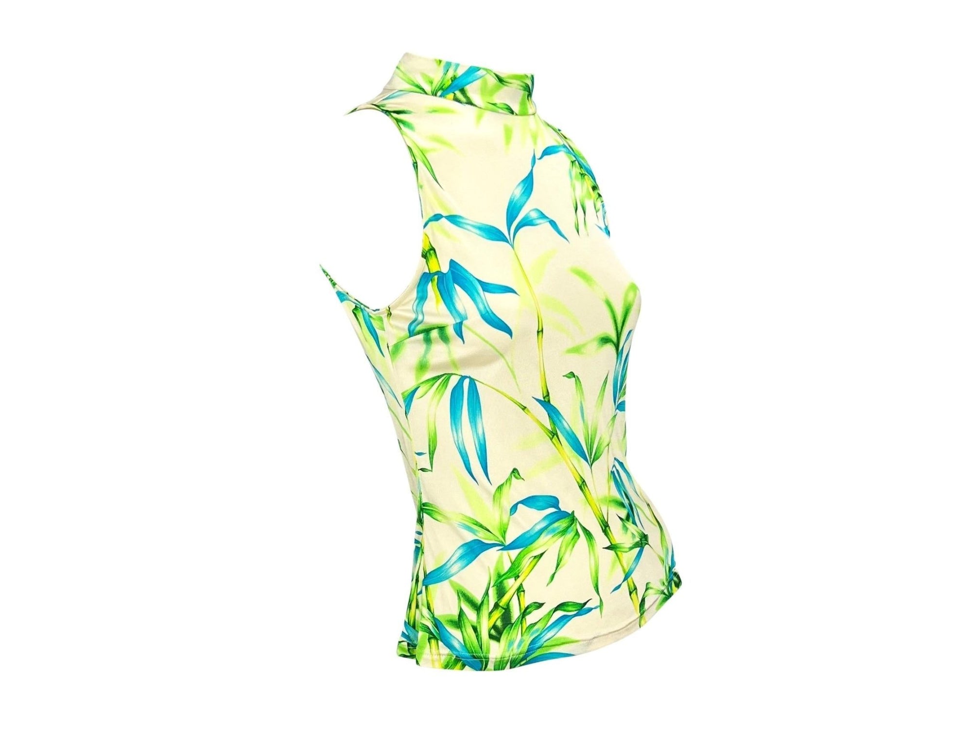 S/S 2000 Gianni Versace by Donatella White Bamboo Print Sleeveless Mock Neck Shirt - RealList