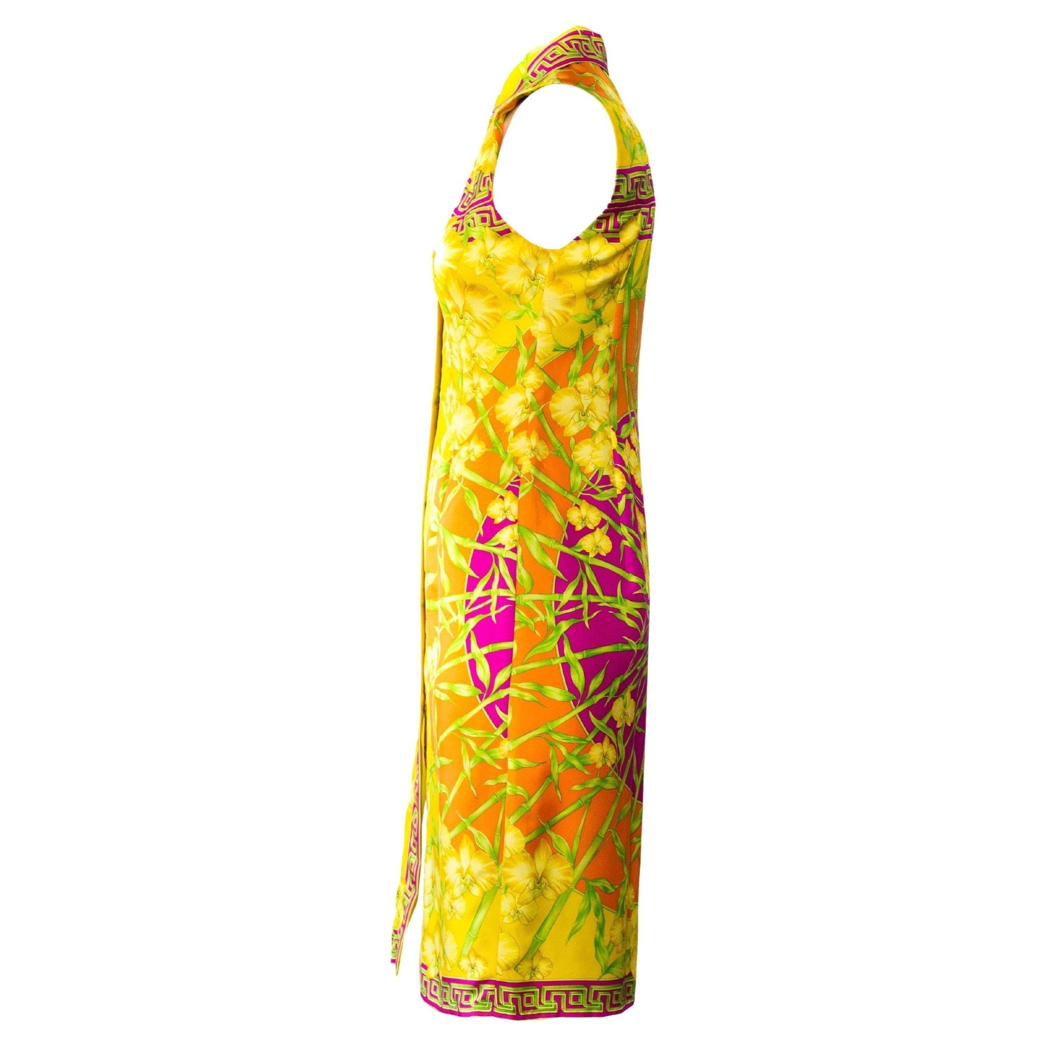 S/S 2000 Gianni Versace Silk Bamboo & Orchid Jungle Sleeveless Dress Donatella - RealList