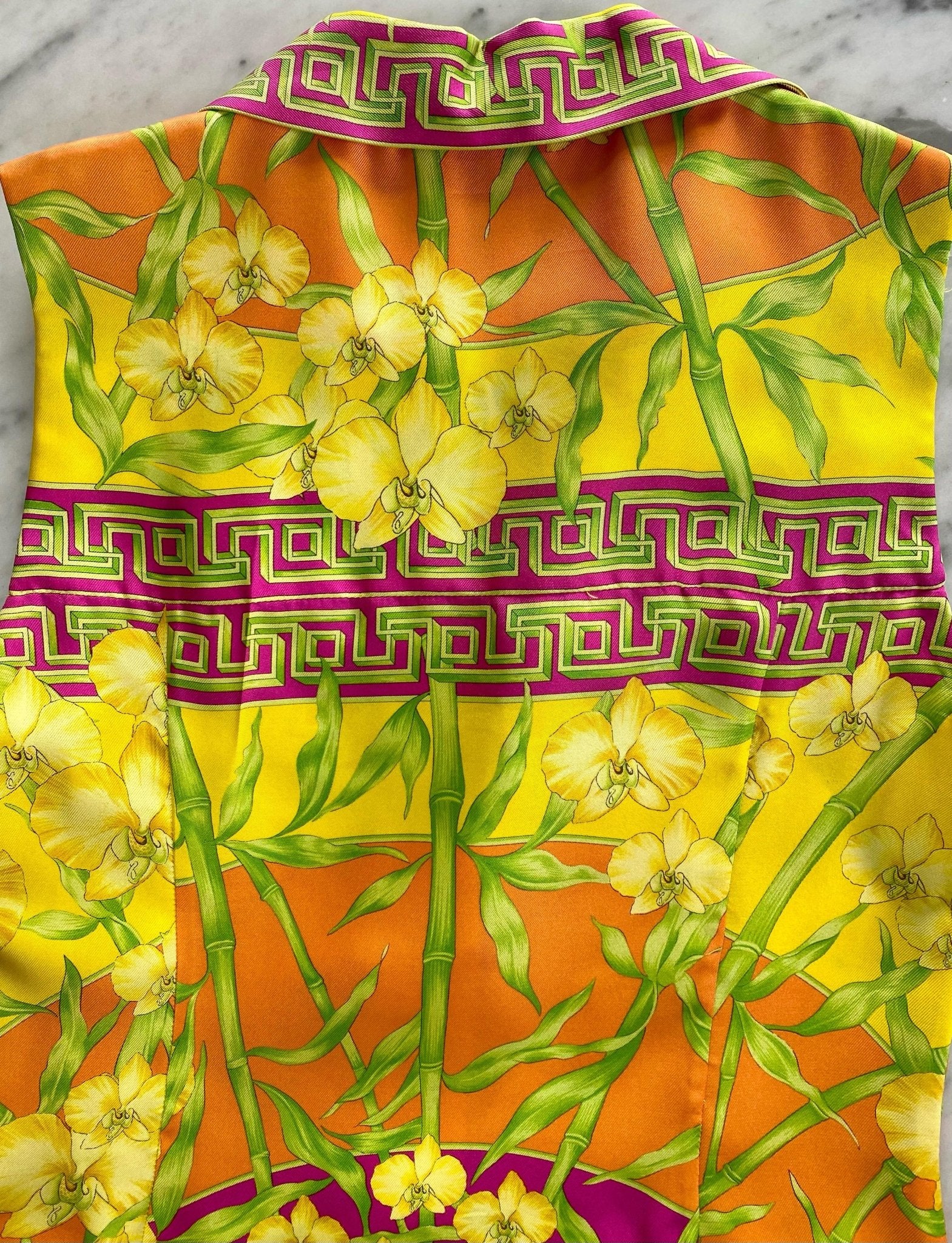 S/S 2000 Gianni Versace Silk Bamboo & Orchid Jungle Sleeveless Dress Donatella - RealList