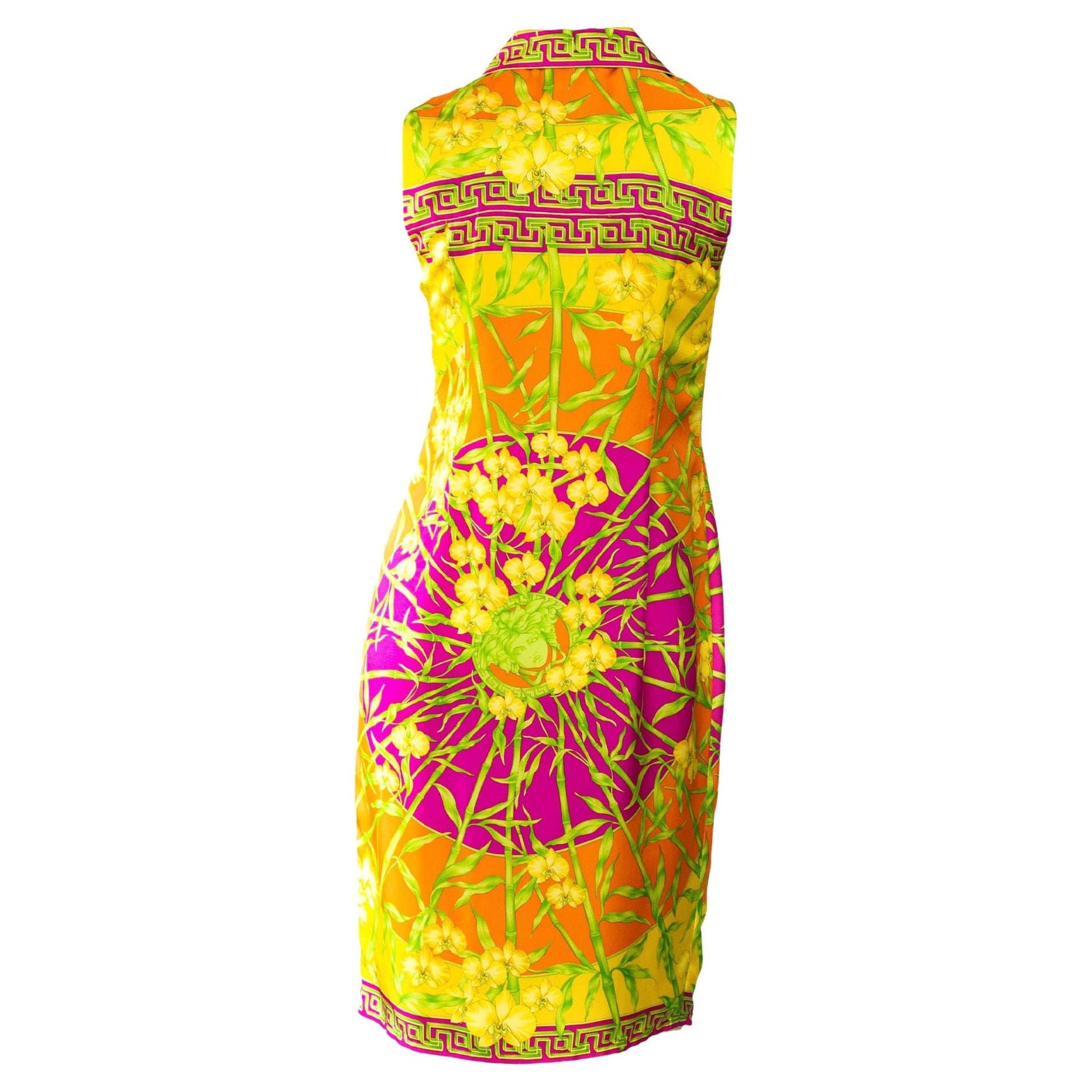 S/S 2000 Gianni Versace Silk Bamboo & Orchid Jungle Sleeveless Dress Donatella - RealList