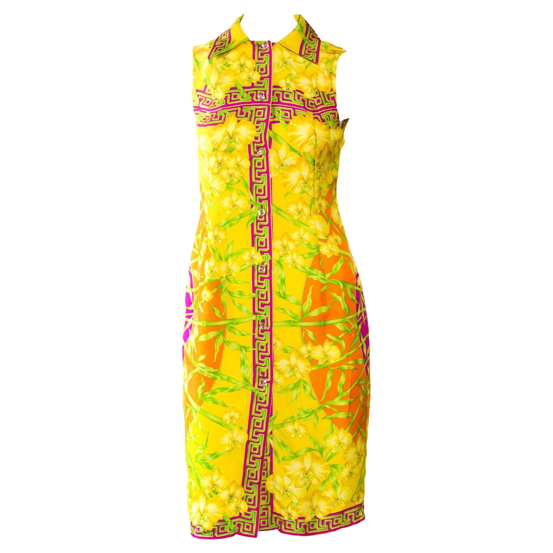 S/S 2000 Gianni Versace Silk Bamboo & Orchid Jungle Sleeveless Dress Donatella - RealList