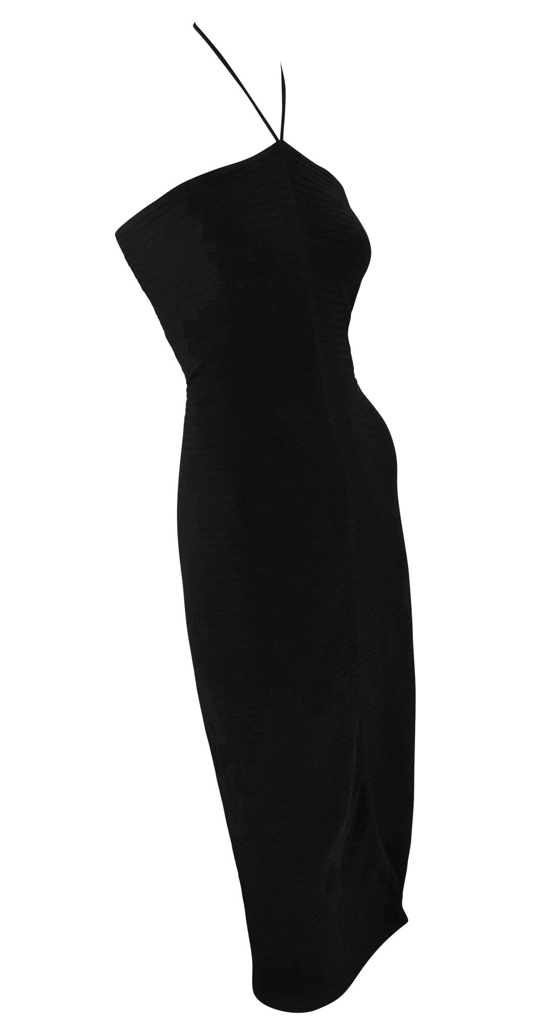 S/S 2000 Gucci by Tom Ford Black Ribbed Bodycon Halter Neck Dress - RealList