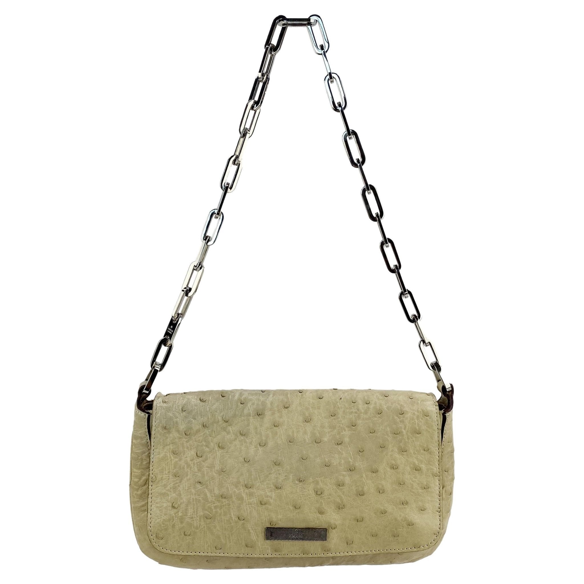 S/S 2000 Gucci by Tom Ford Cream Ostrich Chain Flap Shoulder Bag - RealList