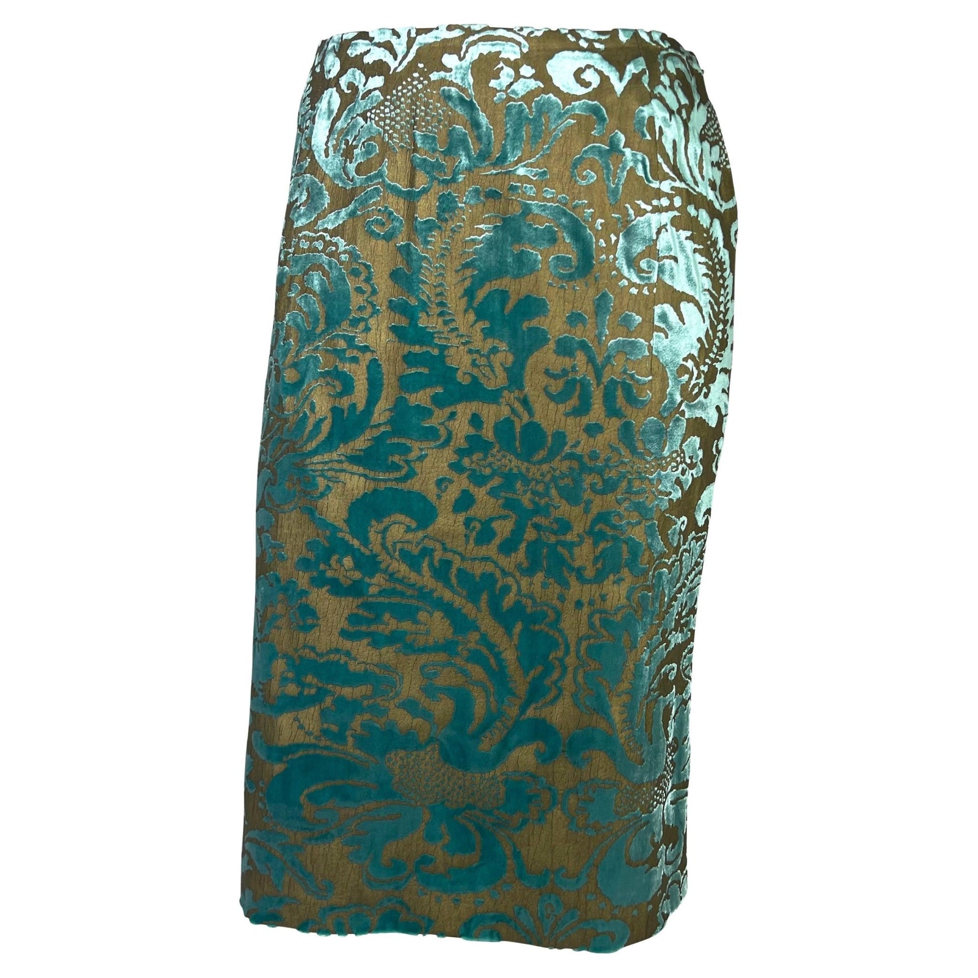 S/S 2000 Gucci by Tom Ford Floral Bronze Painted Teal Velvet Skirt Sample - RealList
