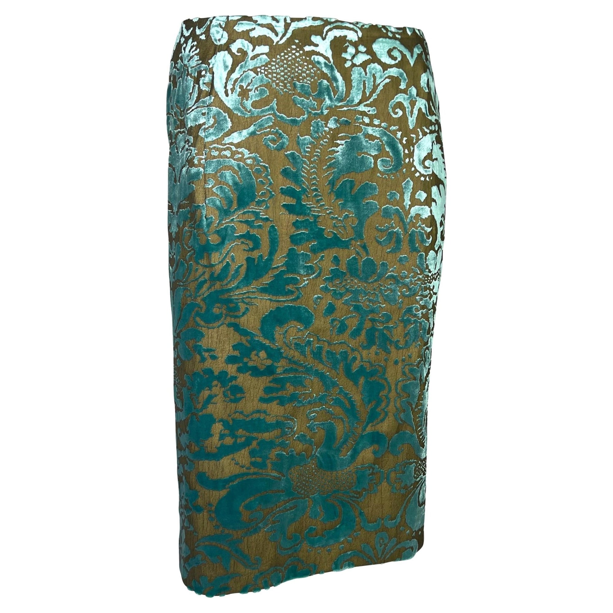 S/S 2000 Gucci by Tom Ford Floral Bronze Painted Teal Velvet Skirt Sample - RealList
