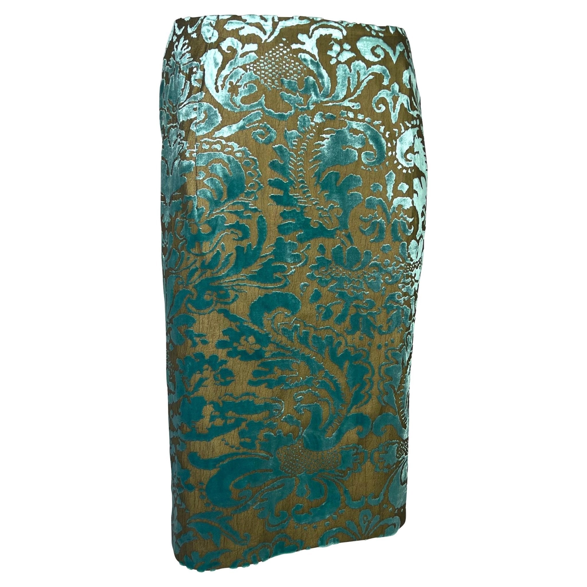 S/S 2000 Gucci by Tom Ford Floral Bronze Painted Teal Velvet Skirt Sample - RealList