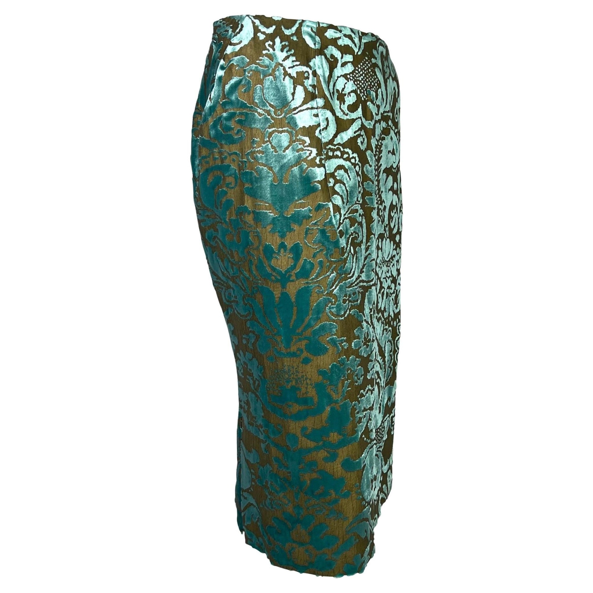 S/S 2000 Gucci by Tom Ford Floral Bronze Painted Teal Velvet Skirt Sample - RealList