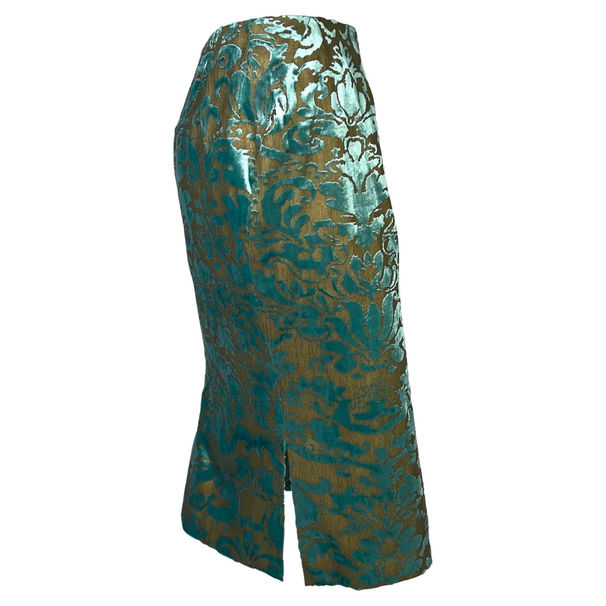S/S 2000 Gucci by Tom Ford Floral Bronze Painted Teal Velvet Skirt Sample - RealList
