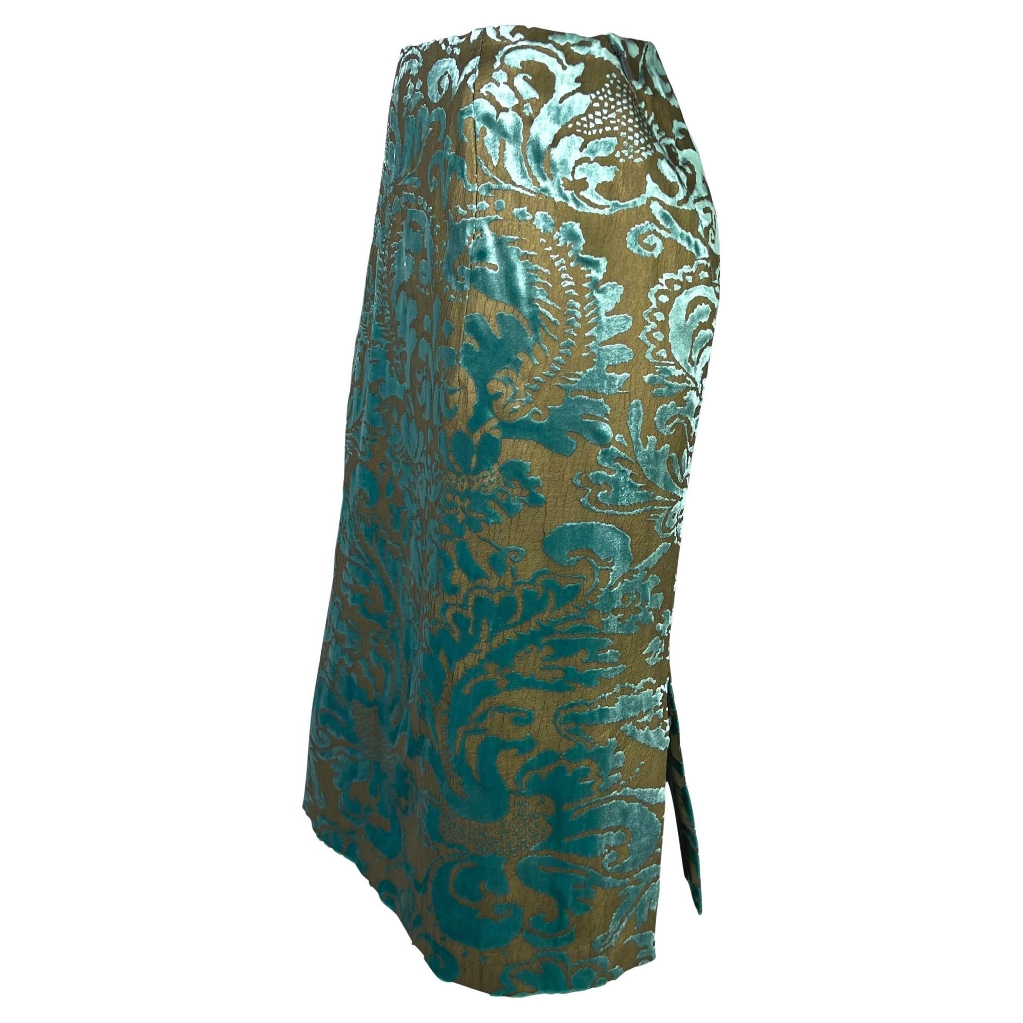 S/S 2000 Gucci by Tom Ford Floral Bronze Painted Teal Velvet Skirt Sample - RealList