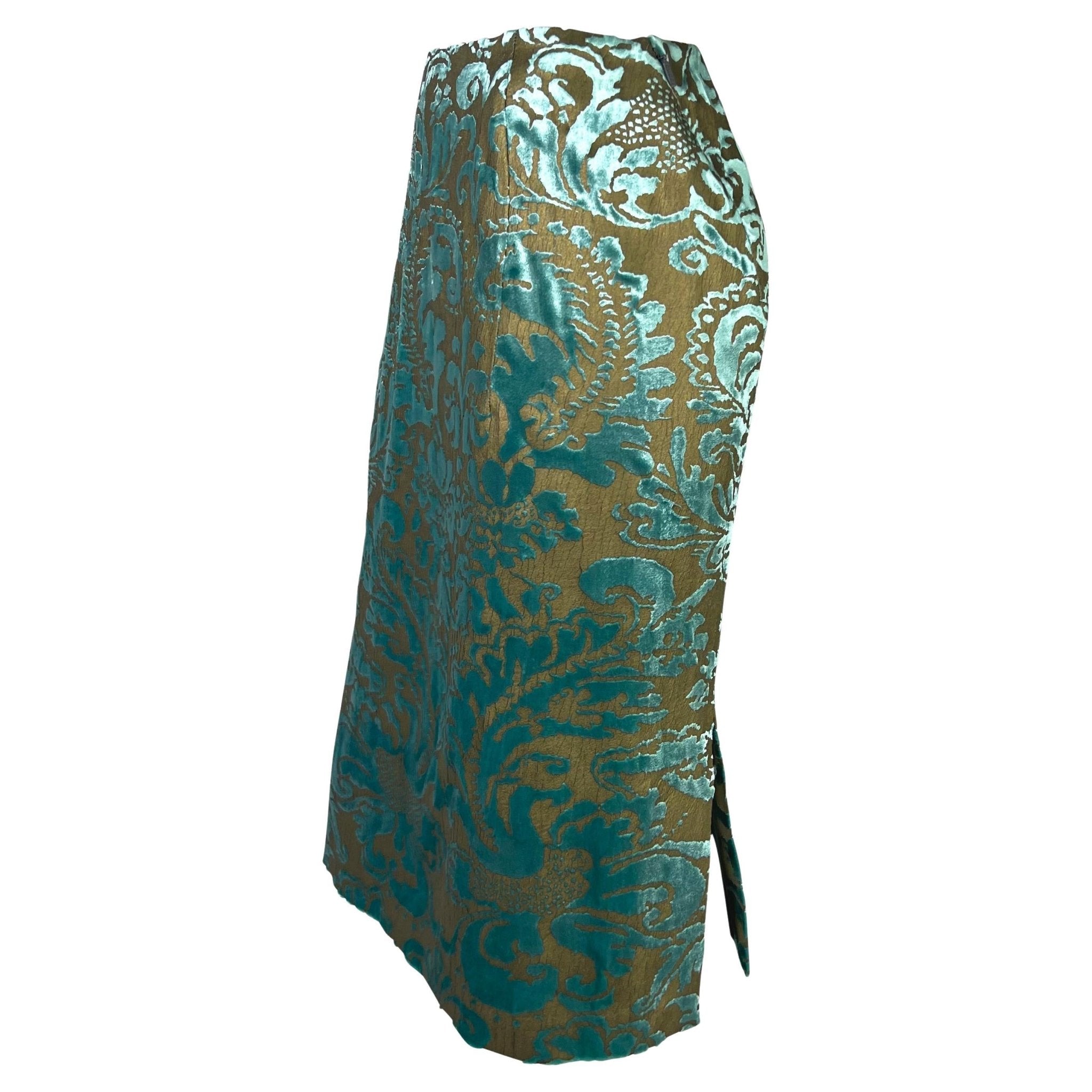 S/S 2000 Gucci by Tom Ford Floral Bronze Painted Teal Velvet Skirt Sample - RealList