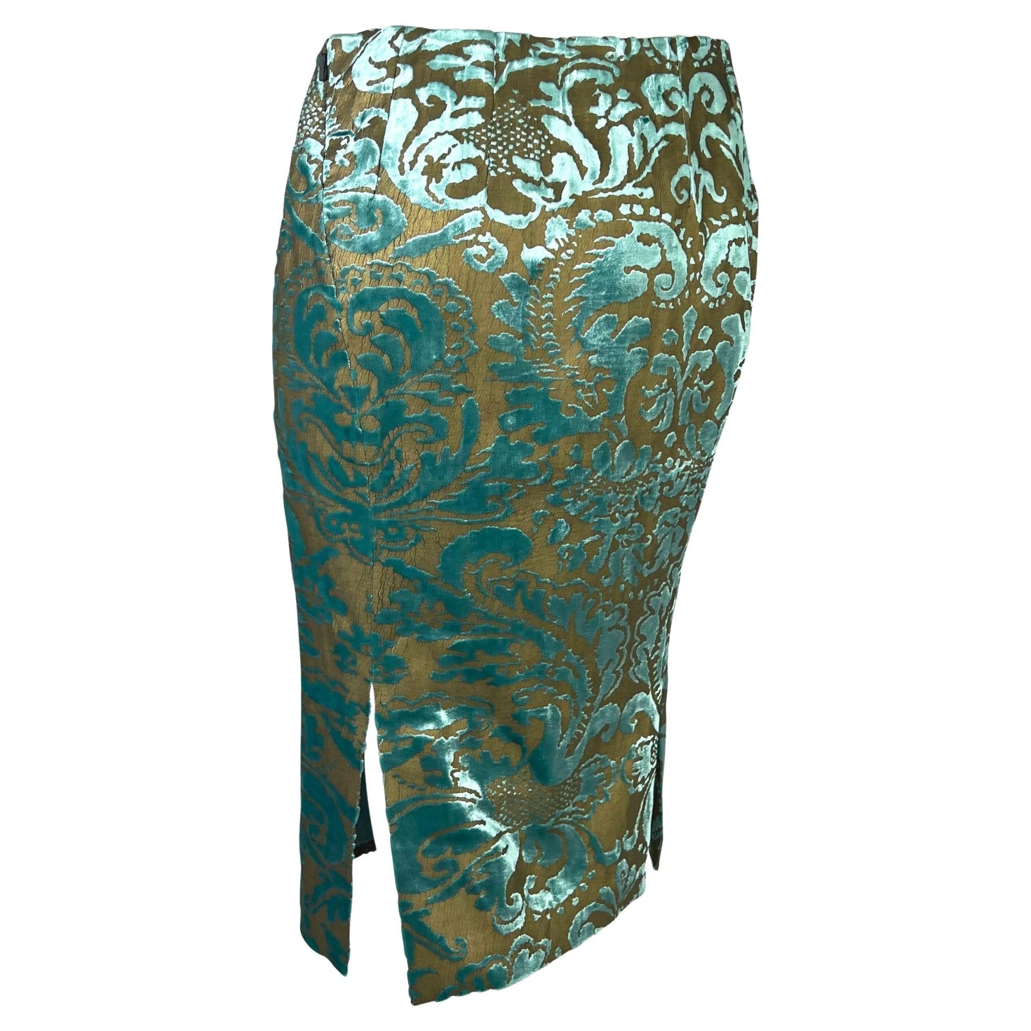 S/S 2000 Gucci by Tom Ford Floral Bronze Painted Teal Velvet Skirt Sample - RealList