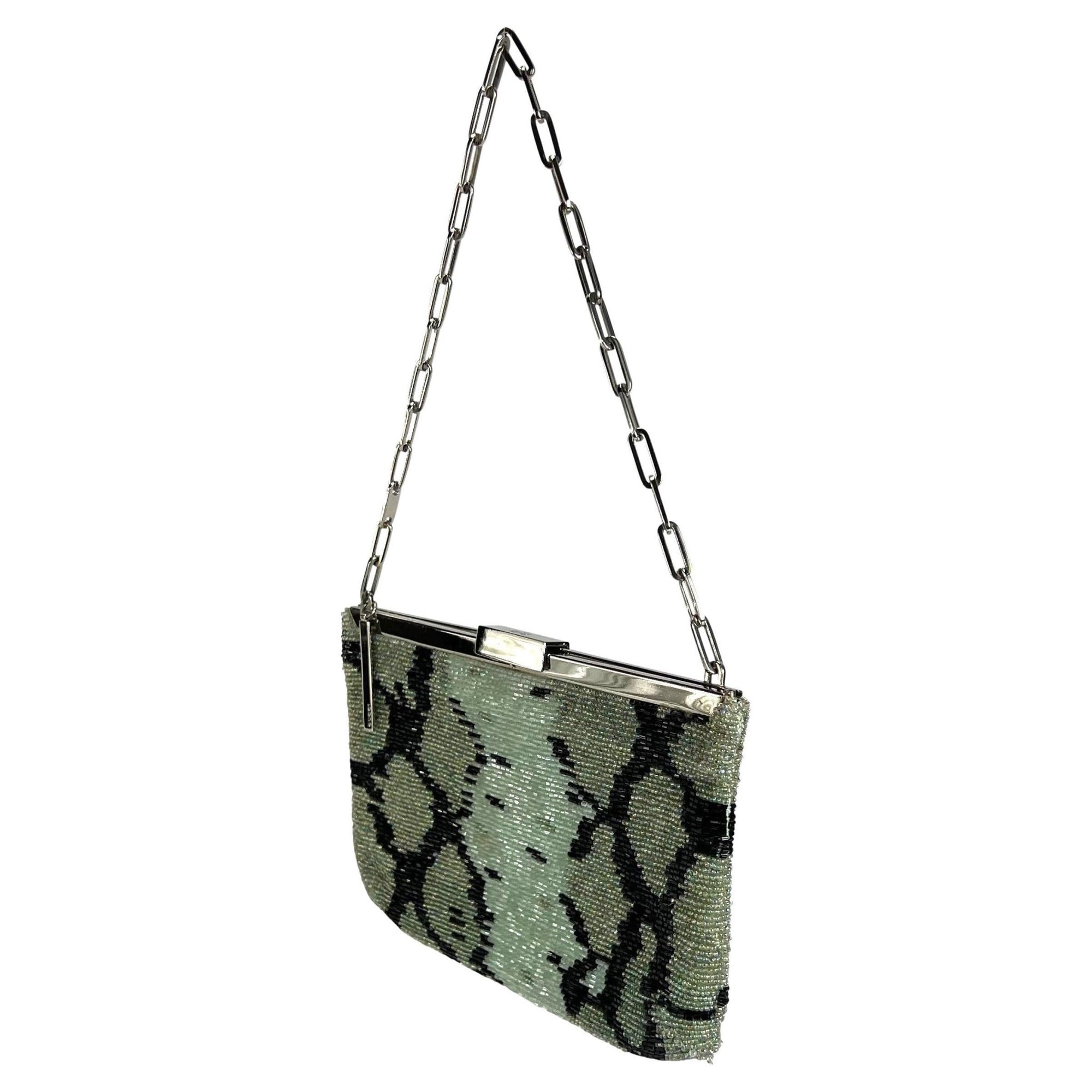 S/S 2000 Gucci by Tom Ford Green Snakeskin Pattern Beaded Chain Bag - RealList