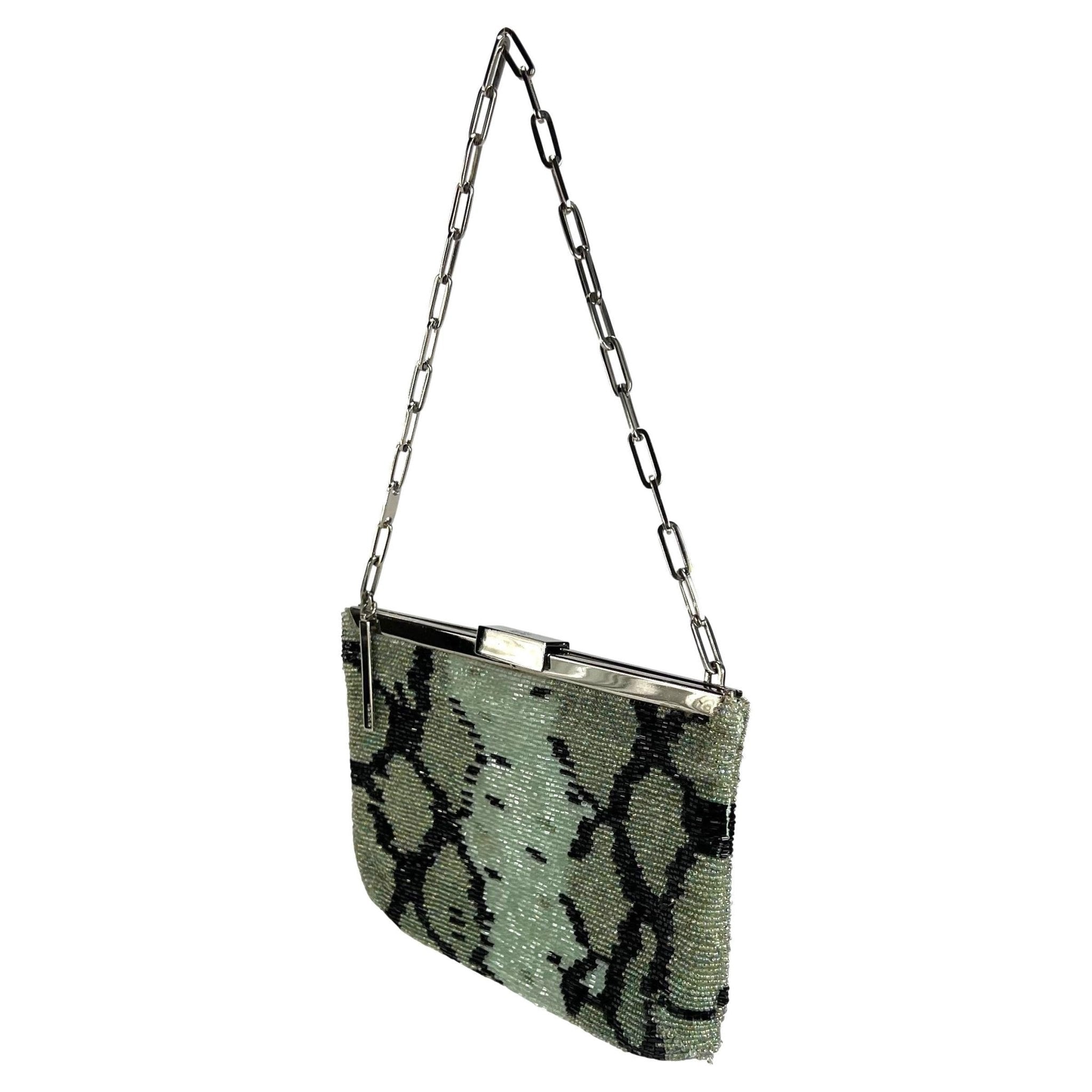 S/S 2000 Gucci by Tom Ford Green Snakeskin Pattern Beaded Chain Bag - RealList