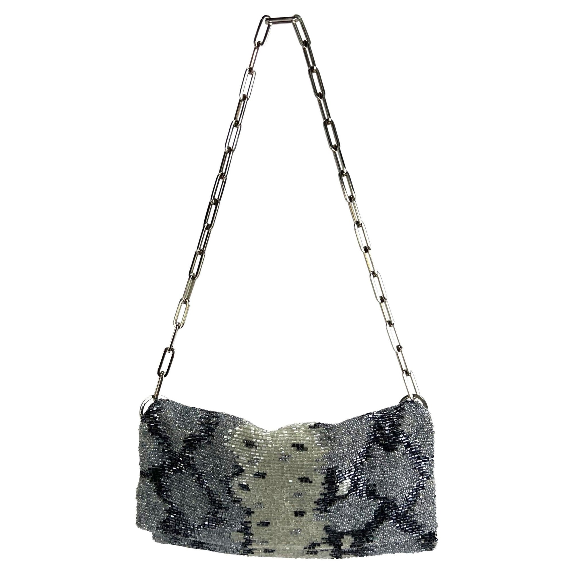 S/S 2000 Gucci by Tom Ford Grey Blue Snakeskin Pattern Beaded Chain Flap Bag - RealList
