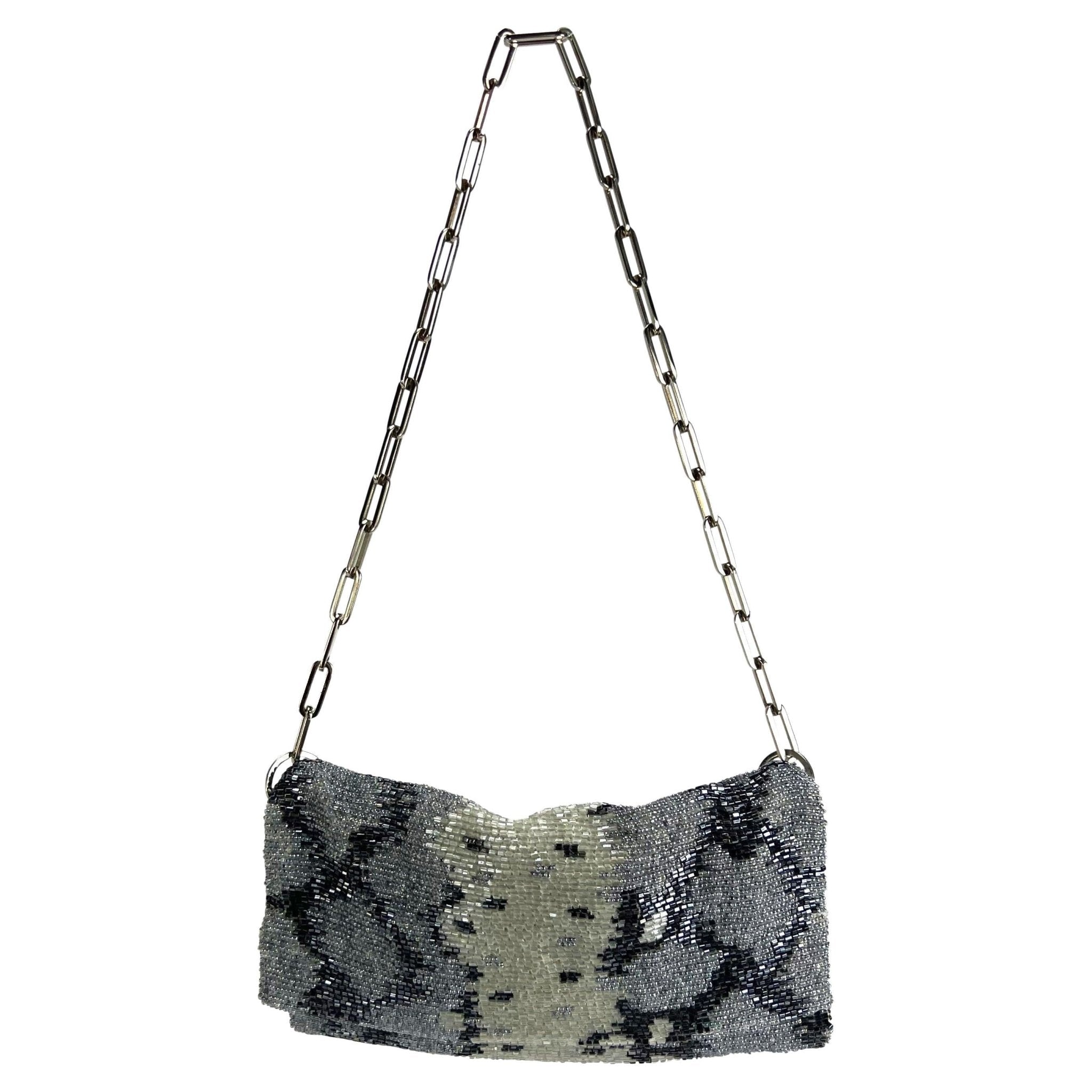 S/S 2000 Gucci by Tom Ford Grey Blue Snakeskin Pattern Beaded Chain Flap Bag - RealList