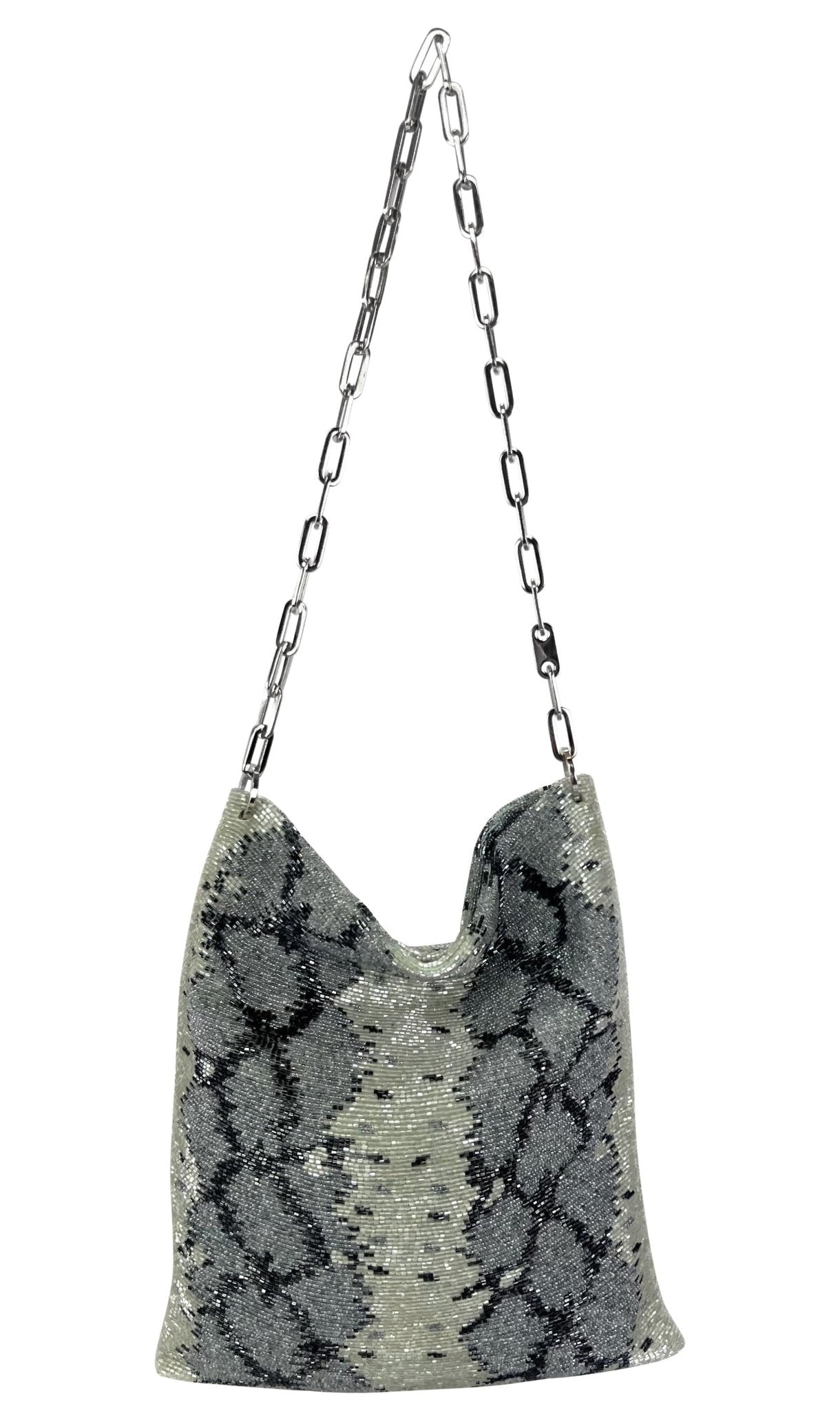 S/S 2000 Gucci by Tom Ford Grey Snake Pattern Beaded Chain Flat Shoulder Bag - RealList