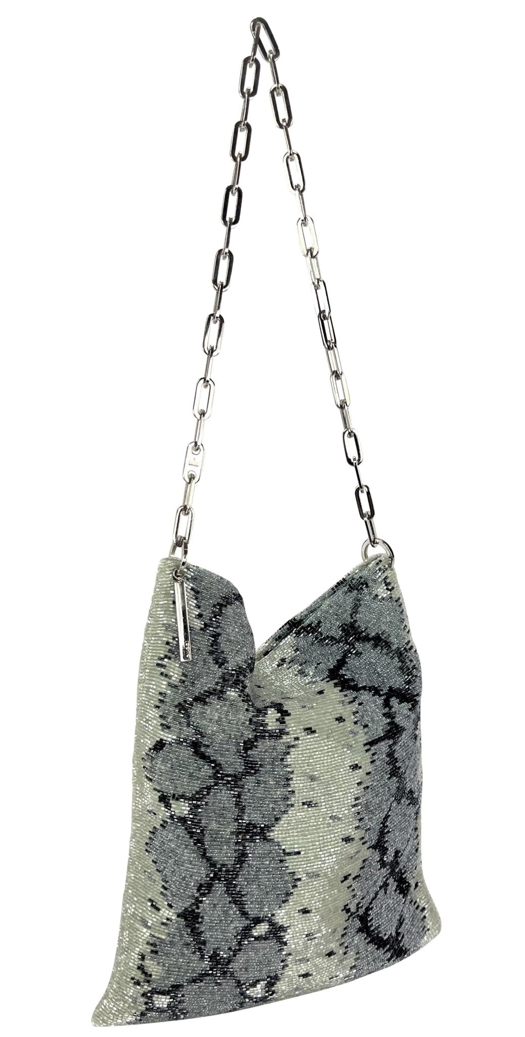 S/S 2000 Gucci by Tom Ford Grey Snake Pattern Beaded Chain Flat Shoulder Bag - RealList