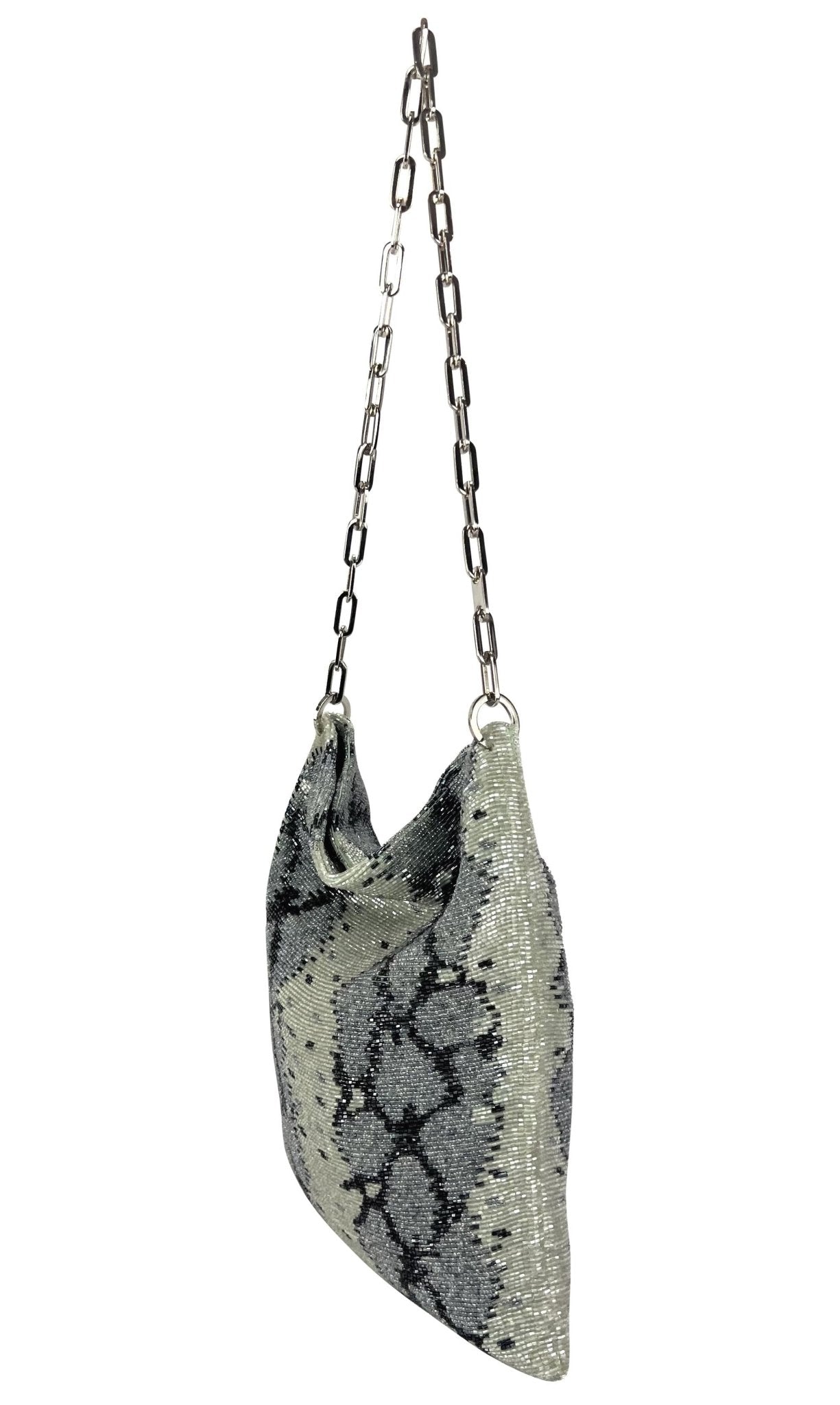 S/S 2000 Gucci by Tom Ford Grey Snake Pattern Beaded Chain Flat Shoulder Bag - RealList