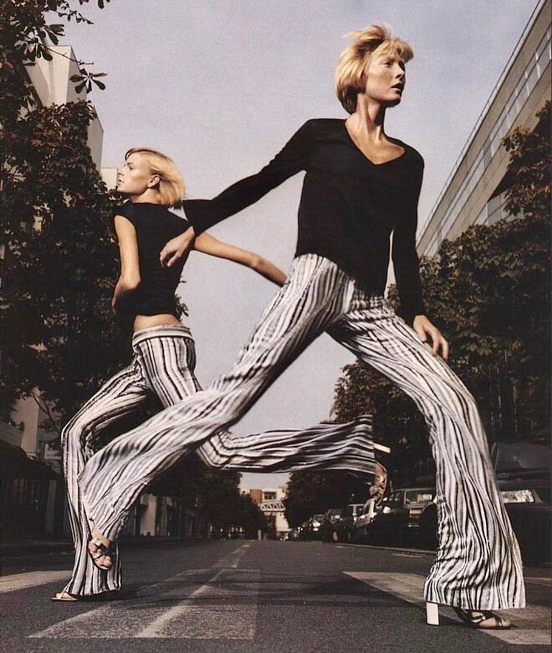 S/S 2000 Gucci by Tom Ford Heavily Beaded Striped Pants Black White Grey Runway - RealList
