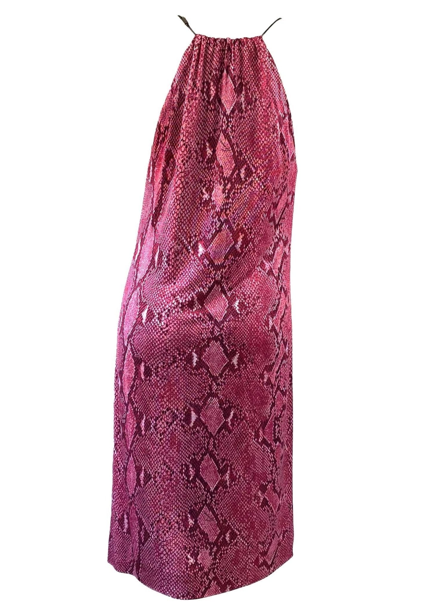 S/S 2000 Gucci by Tom Ford Pink Snake Print Viscose Leather Strap Plunging Dress - RealList
