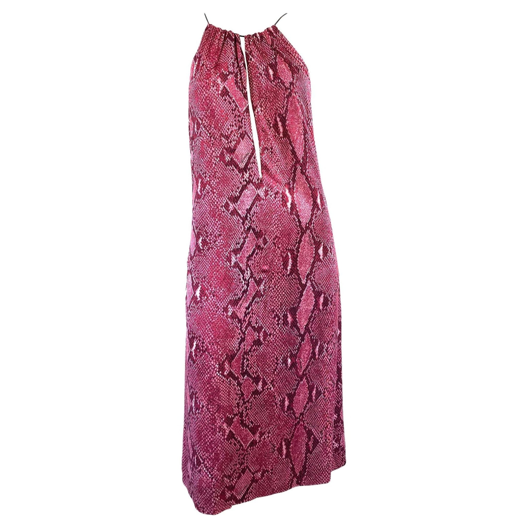 S/S 2000 Gucci by Tom Ford Pink Snake Print Viscose Leather Strap Plunging Dress - RealList