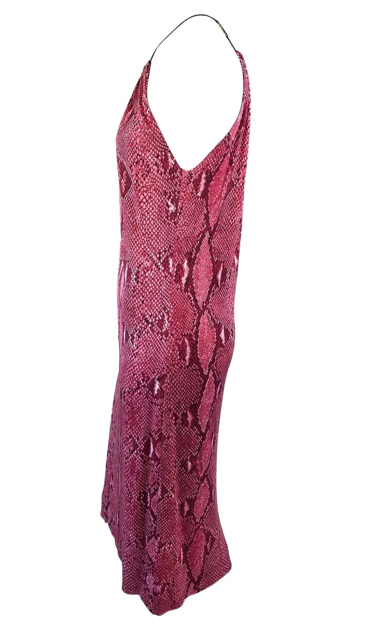 S/S 2000 Gucci by Tom Ford Pink Snake Print Viscose Leather Strap Plunging Dress - RealList