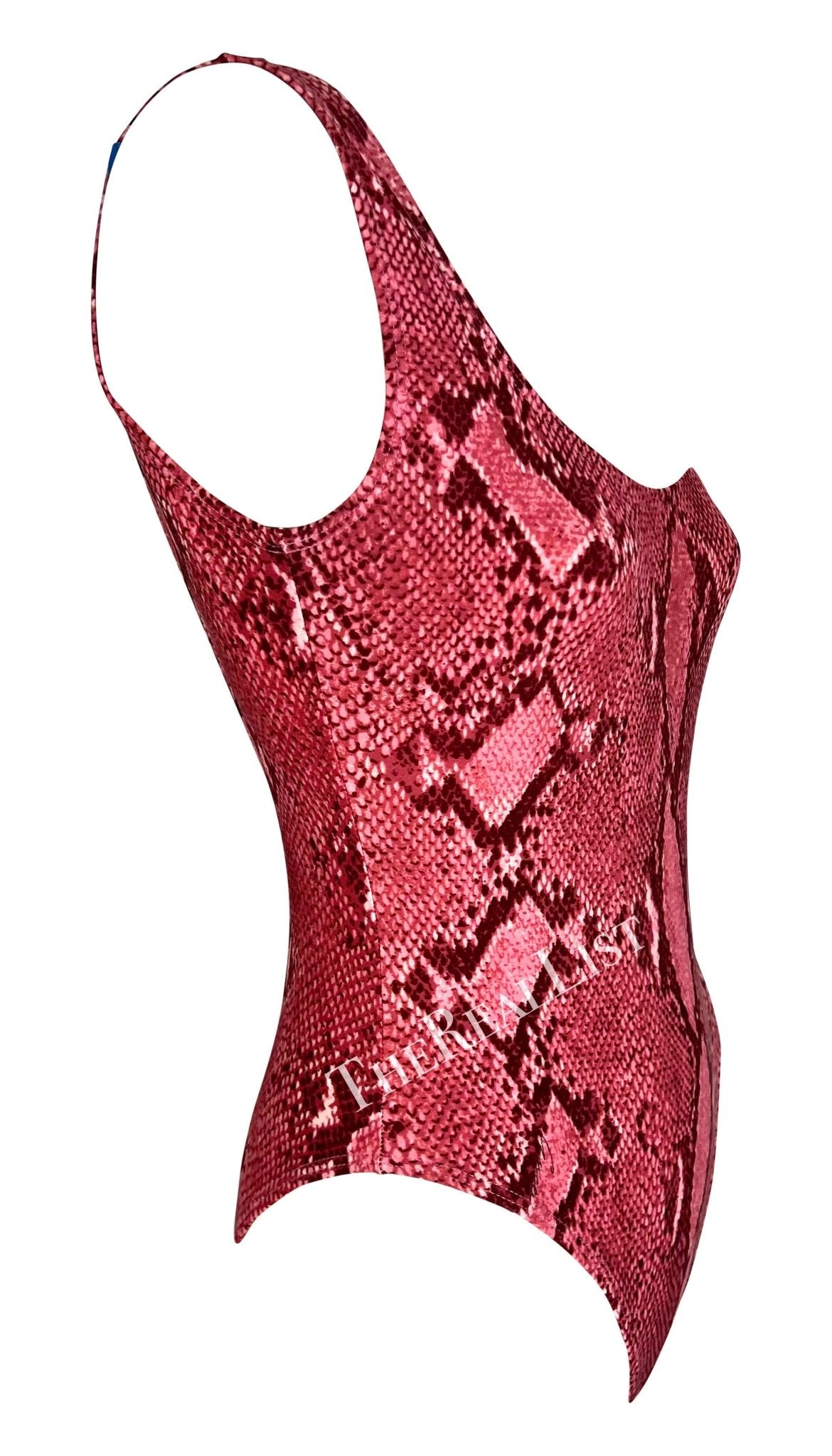 S/S 2000 Gucci by Tom Ford Pink Snakeskin Print One Piece Swimsuit Bodysuit - RealList