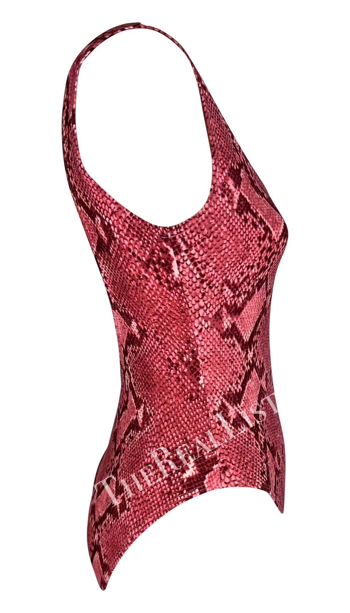 S/S 2000 Gucci by Tom Ford Pink Snakeskin Print One Piece Swimsuit Bodysuit - RealList