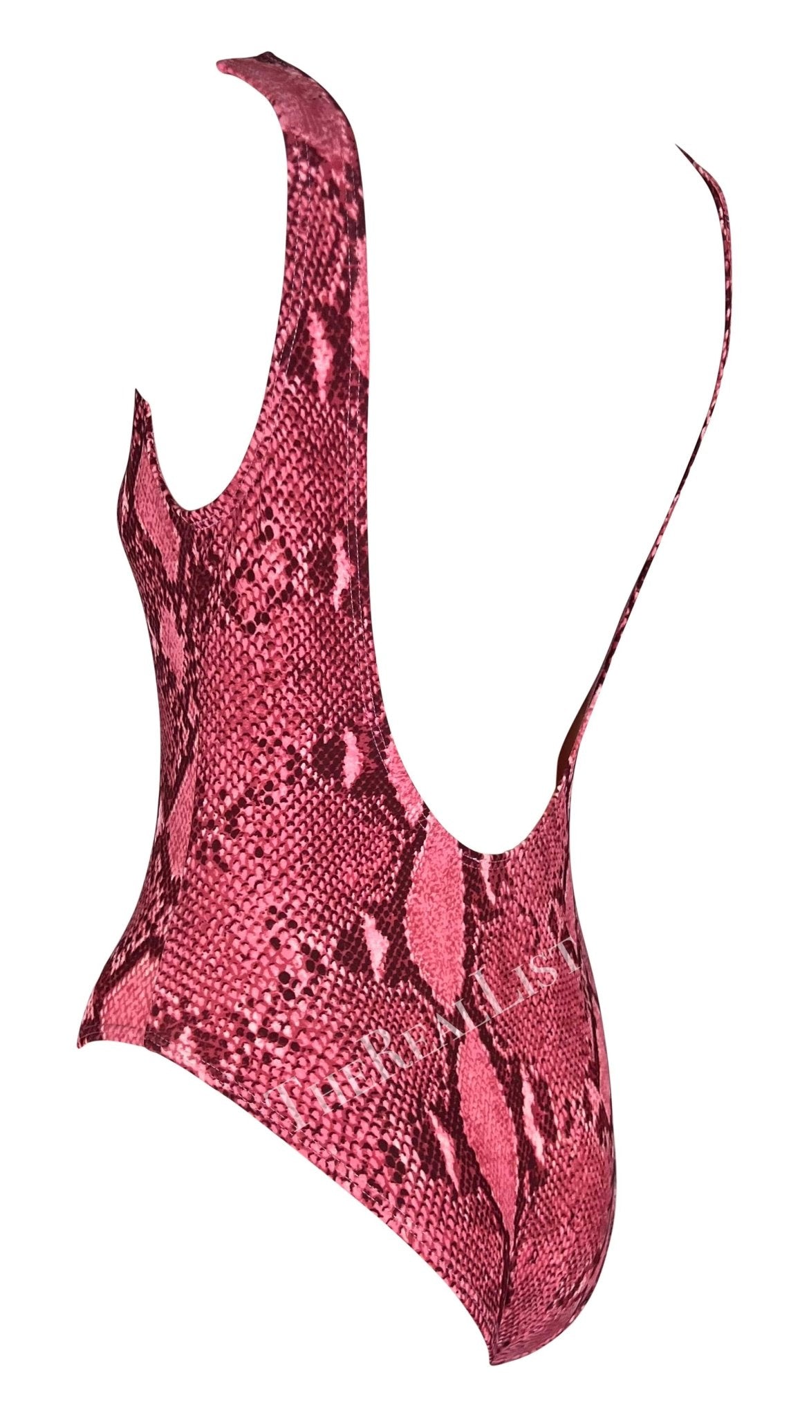 S/S 2000 Gucci by Tom Ford Pink Snakeskin Print One Piece Swimsuit Bodysuit - RealList