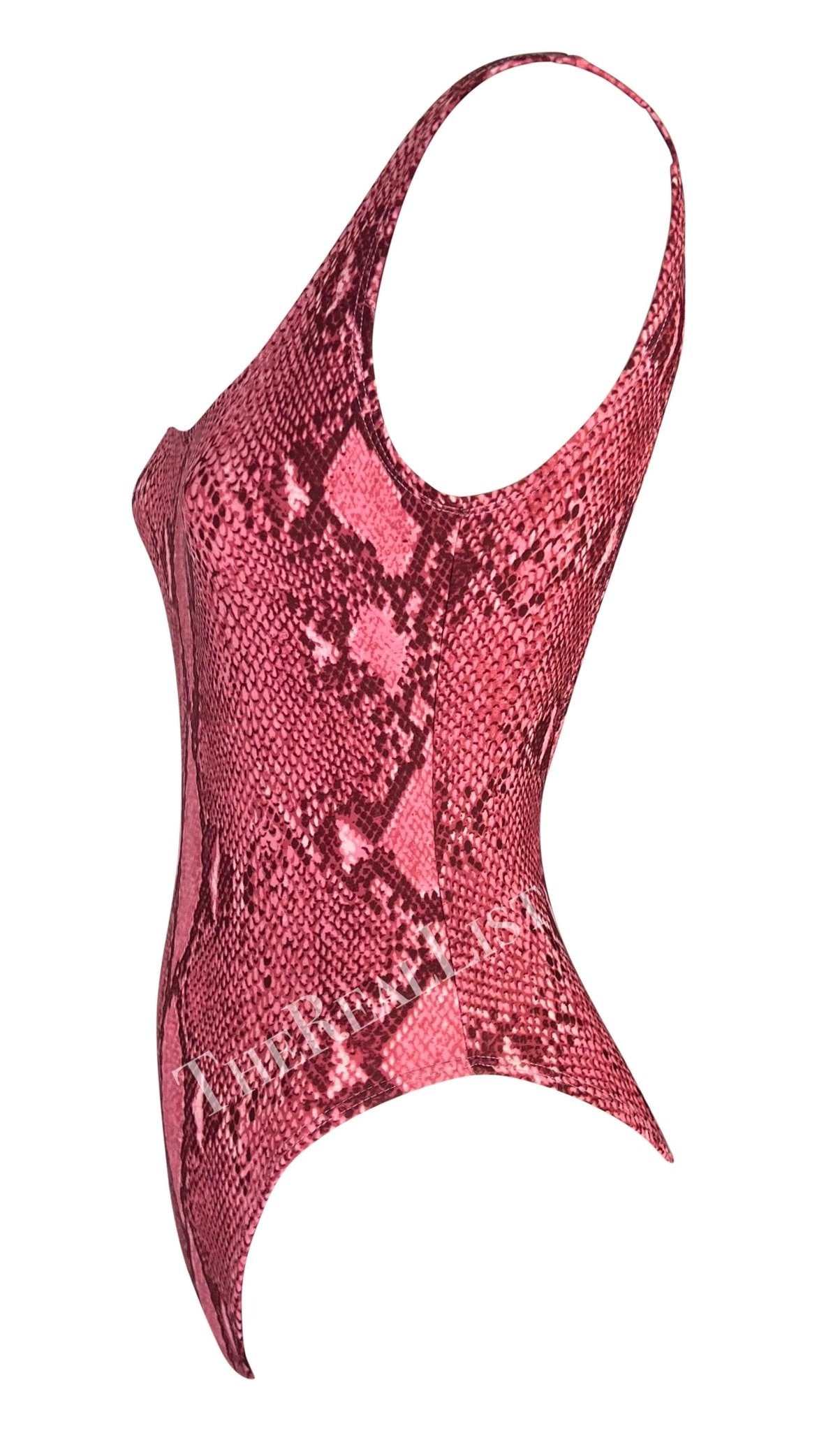 S/S 2000 Gucci by Tom Ford Pink Snakeskin Print One Piece Swimsuit Bodysuit - RealList