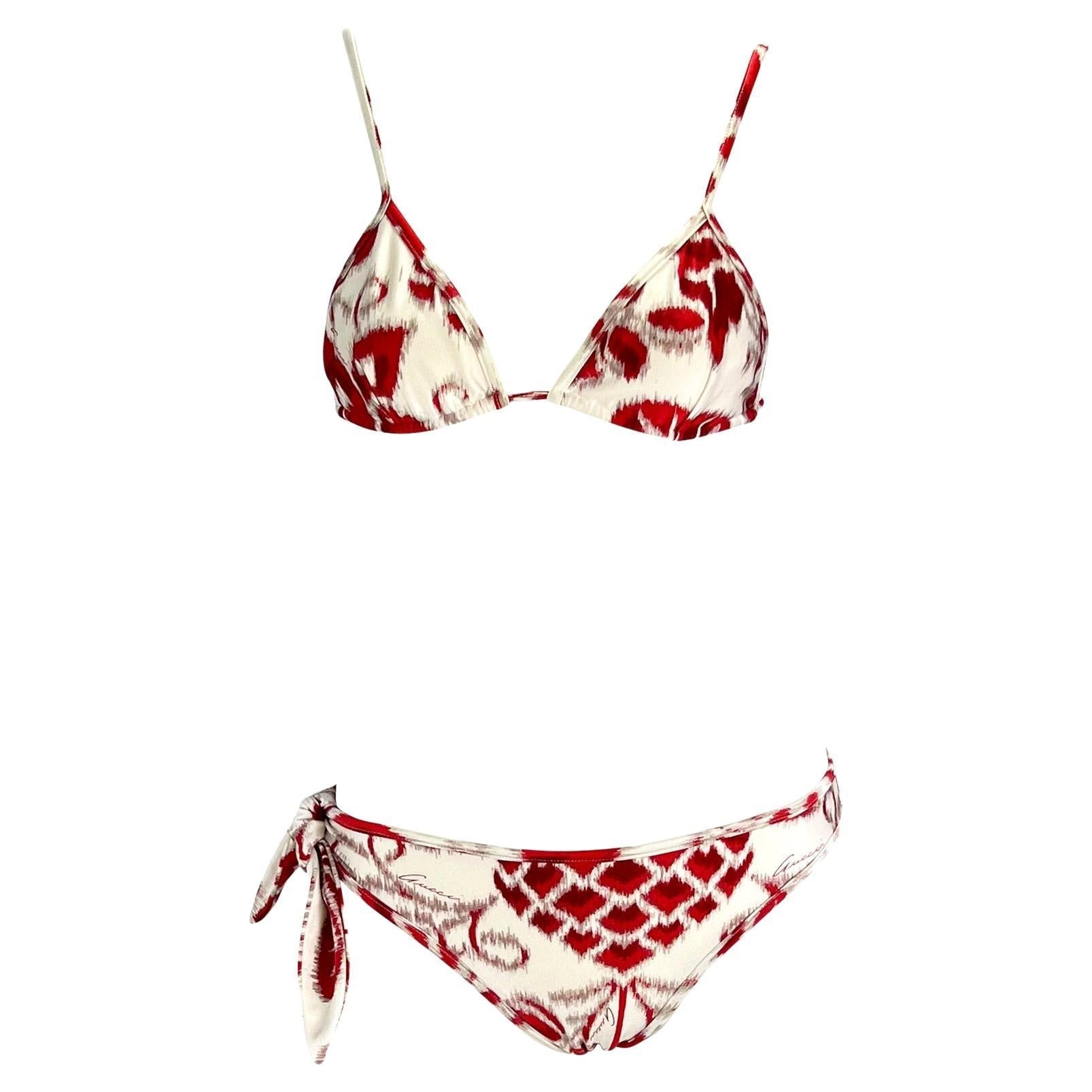 S/S 2000 Gucci by Tom Ford Red Havana Print Tie White Bikini Set - RealList