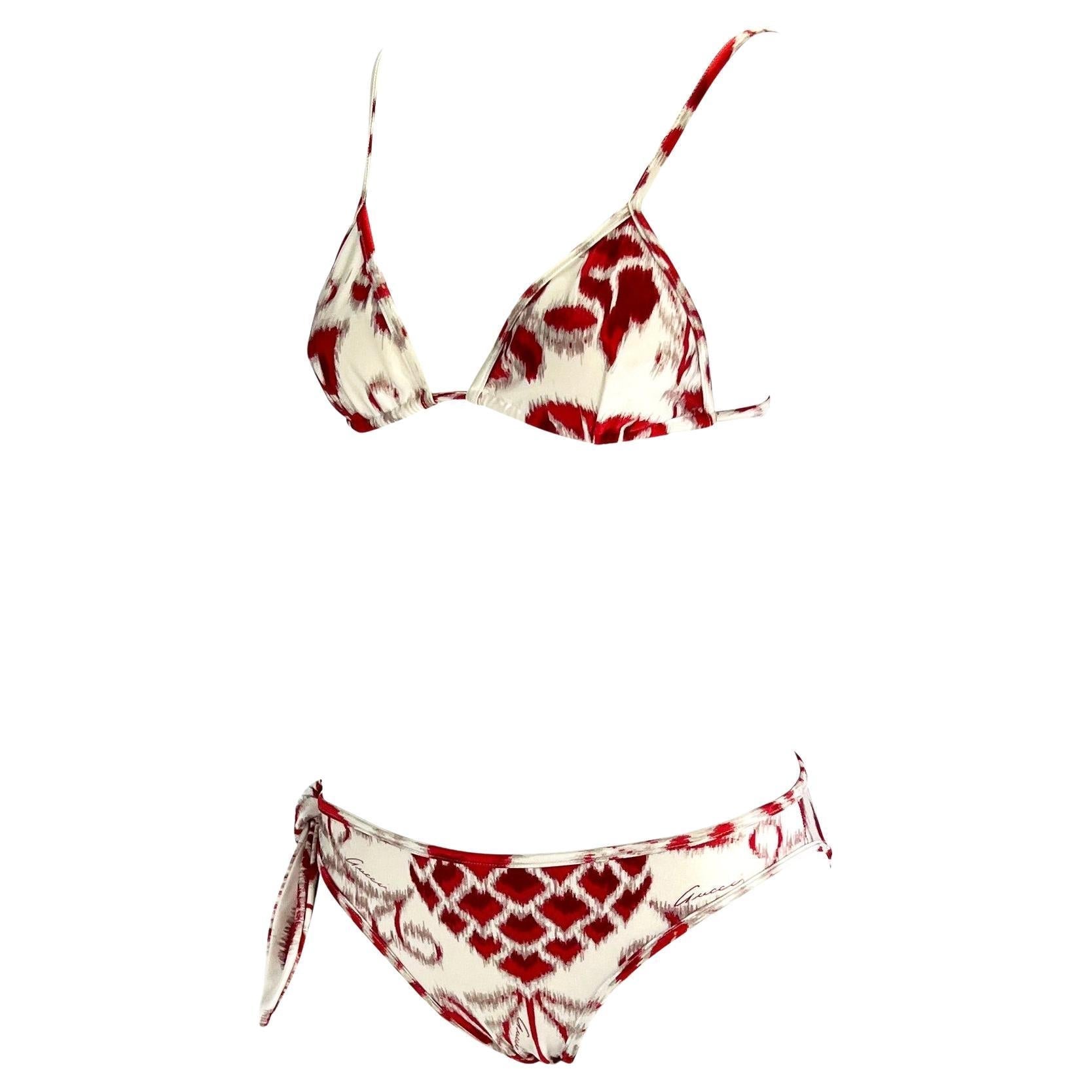 S/S 2000 Gucci by Tom Ford Red Havana Print Tie White Bikini Set - RealList