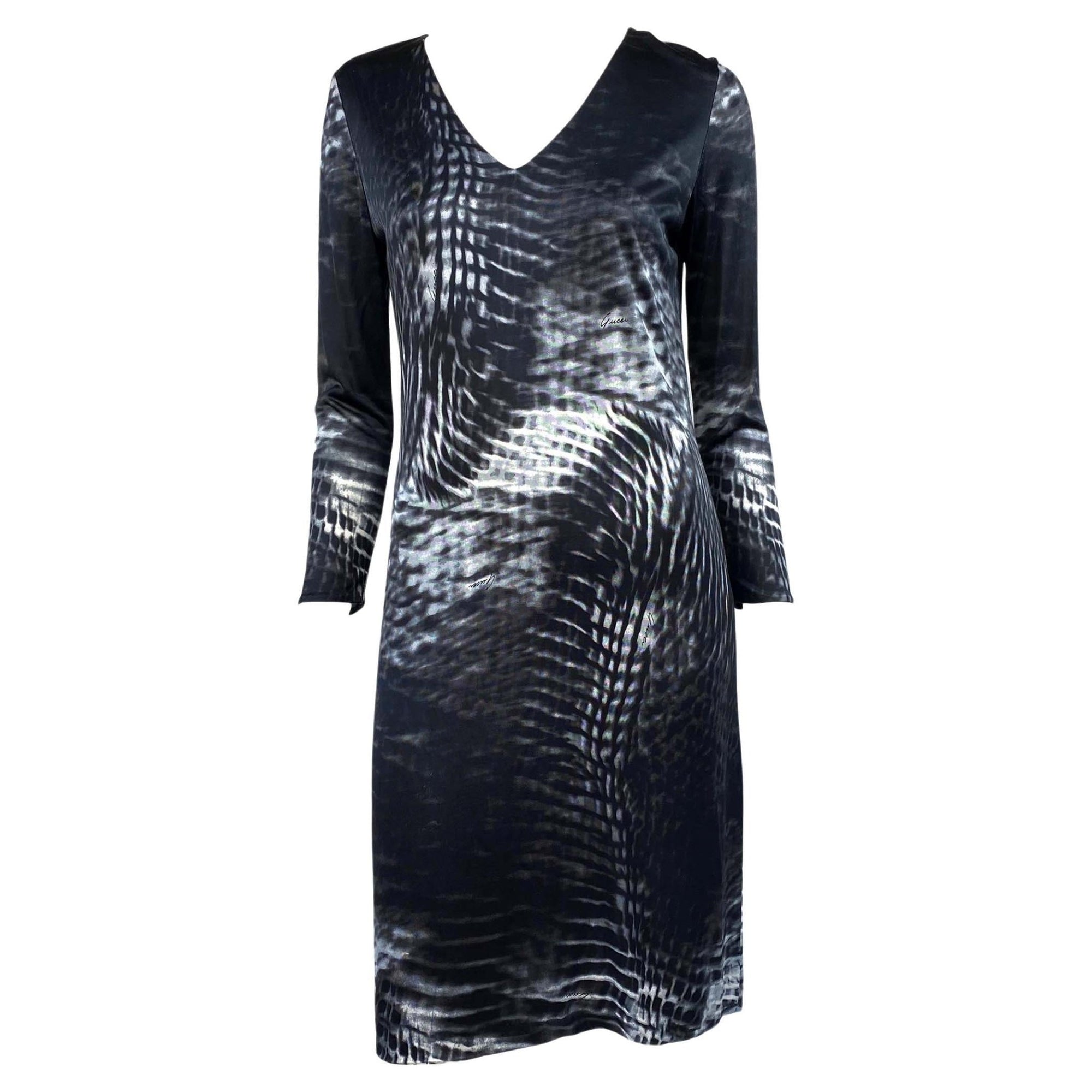 S/S 2000 Gucci by Tom Ford Runway Abstract Print Viscose V - Neck Dress - RealList