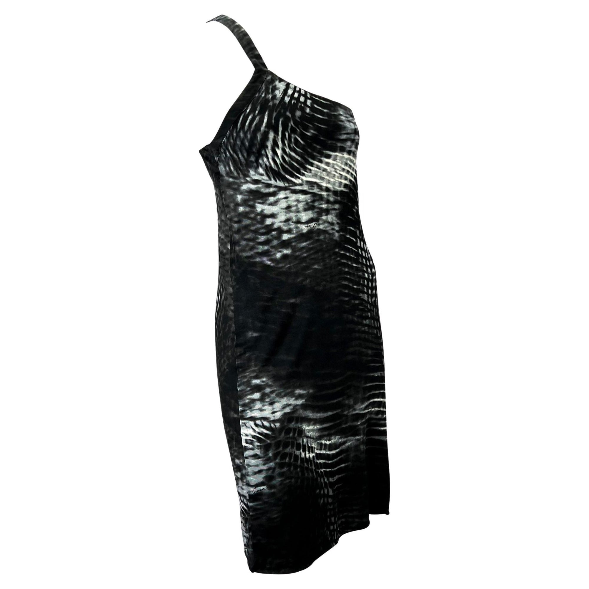 S/S 2000 Gucci by Tom Ford Runway Asymmetric Black Tie - Dye Logo Viscose Dress - RealList