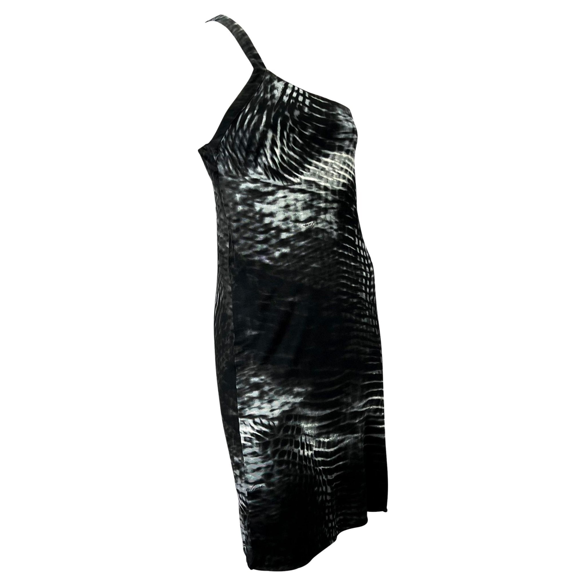 S/S 2000 Gucci by Tom Ford Runway Asymmetric Black Tie - Dye Logo Viscose Dress - RealList