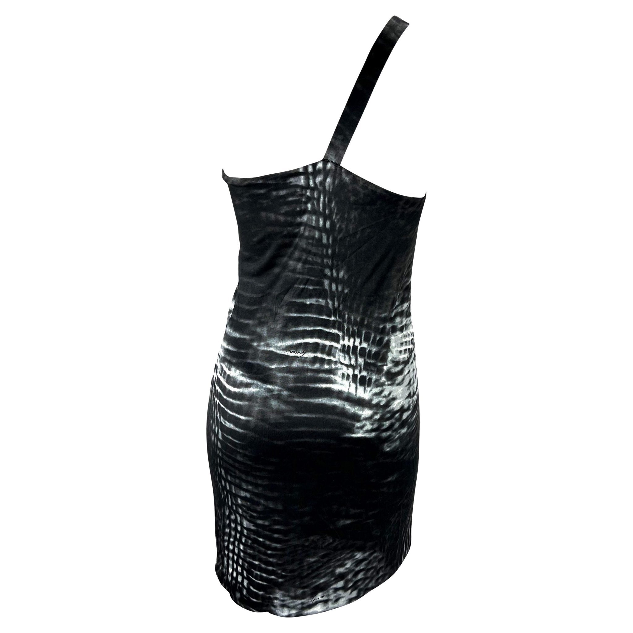 S/S 2000 Gucci by Tom Ford Runway Asymmetric Black Tie - Dye Logo Viscose Dress - RealList