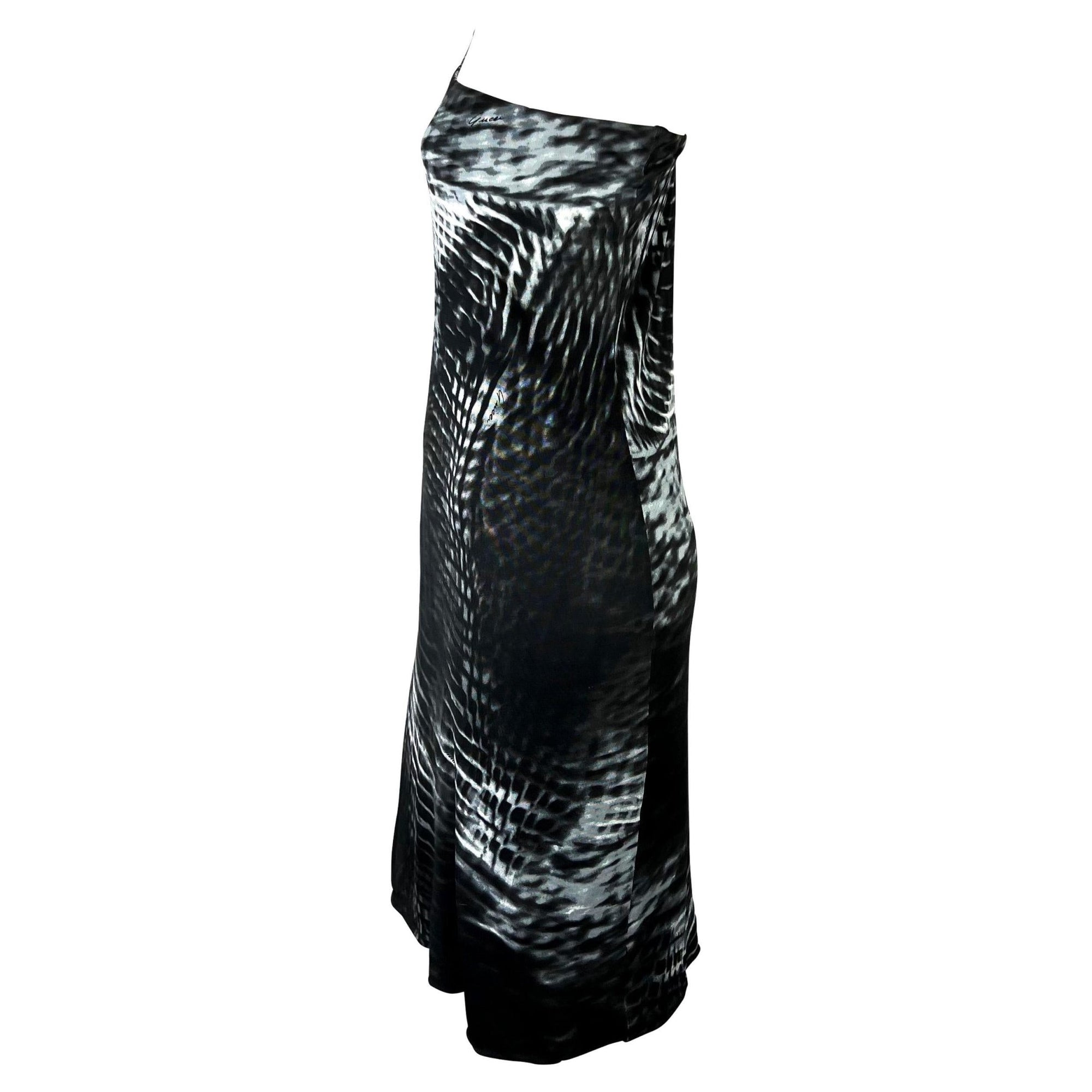 S/S 2000 Gucci by Tom Ford Runway Asymmetric Black Tie - Dye Logo Viscose Dress - RealList
