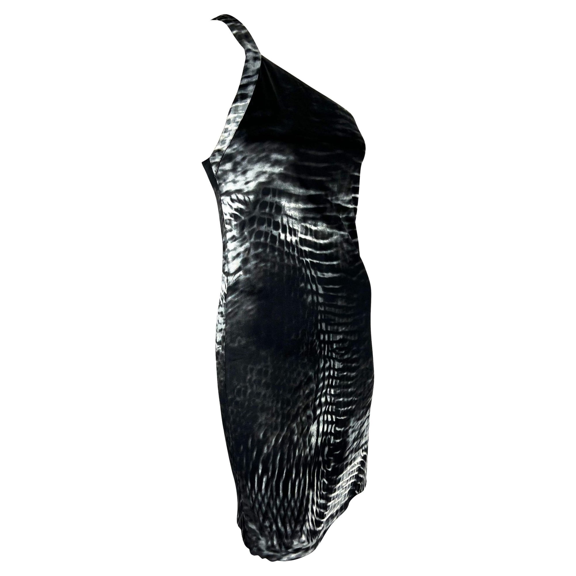 S/S 2000 Gucci by Tom Ford Runway Asymmetric Black Tie - Dye Logo Viscose Dress - RealList