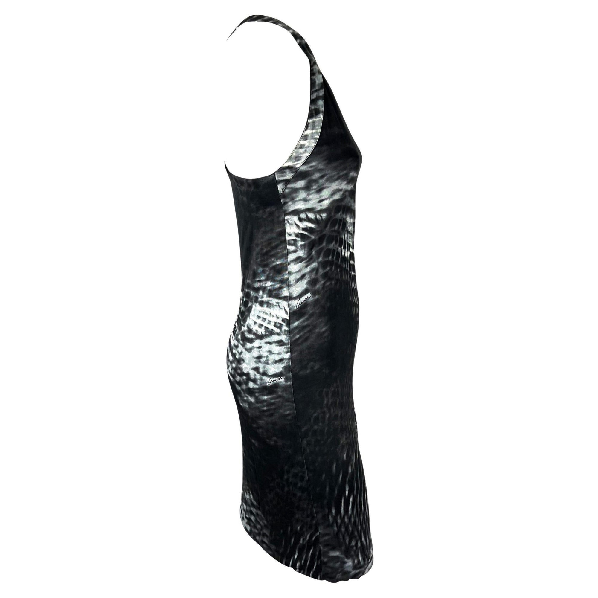S/S 2000 Gucci by Tom Ford Runway Asymmetric Black Tie - Dye Logo Viscose Dress - RealList