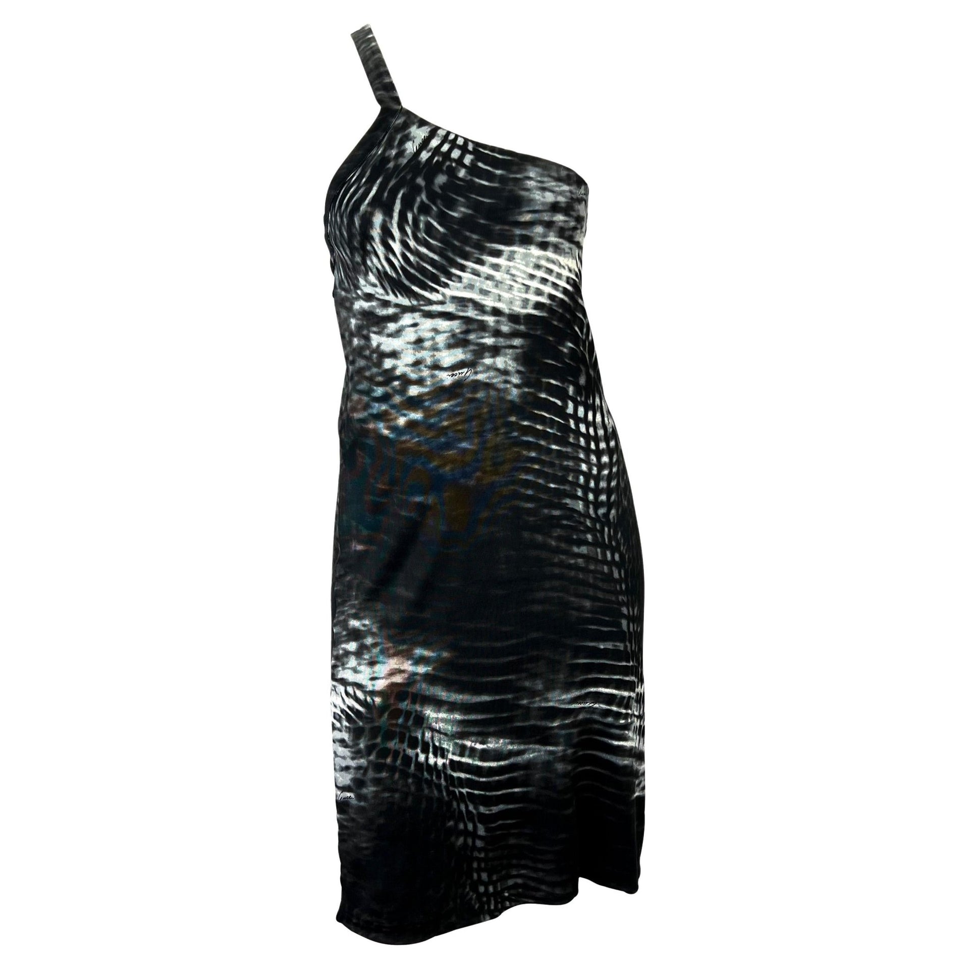S/S 2000 Gucci by Tom Ford Runway Asymmetric Black Tie - Dye Logo Viscose Dress - RealList
